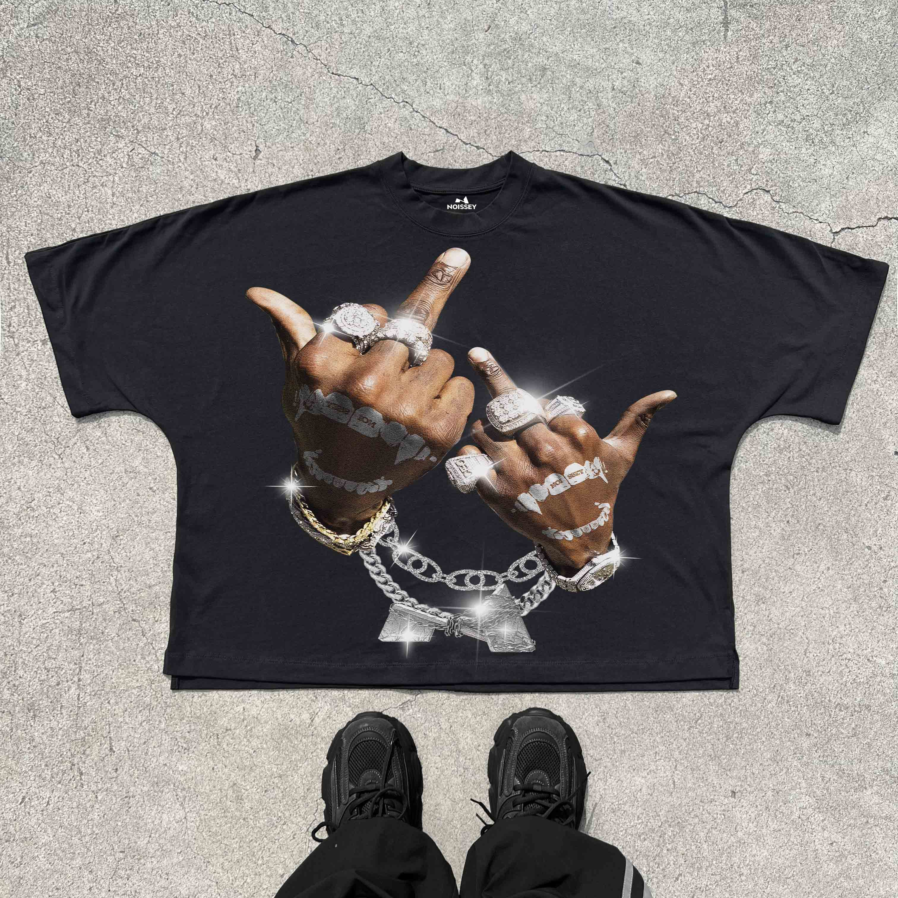 Oversized Batwing T-shirt with "Control power with Both Hands" Print