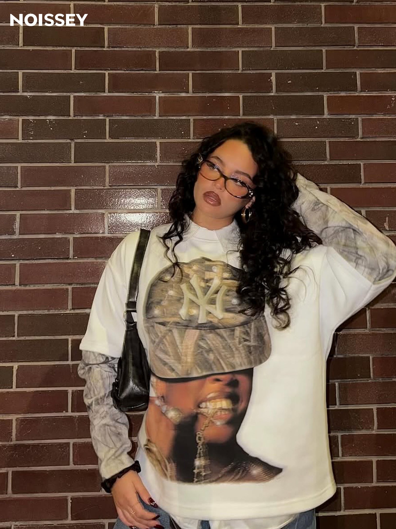 NOISSEY Real Tree Camo "Rhinestone NY" Portrait Layered Long Sleeve