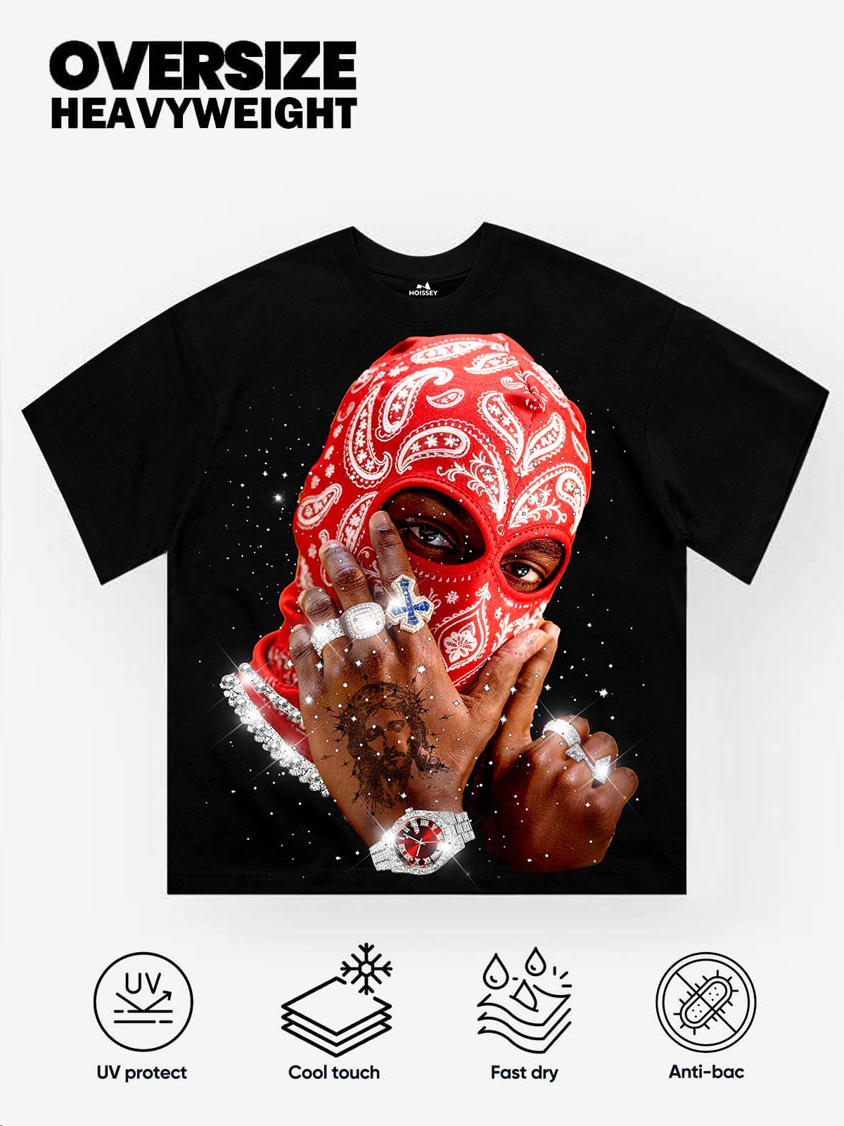 NOISSEY RED PAISLEY BALACLAVA - SHIMMERING JEWEL ART OVERSIZED TEE