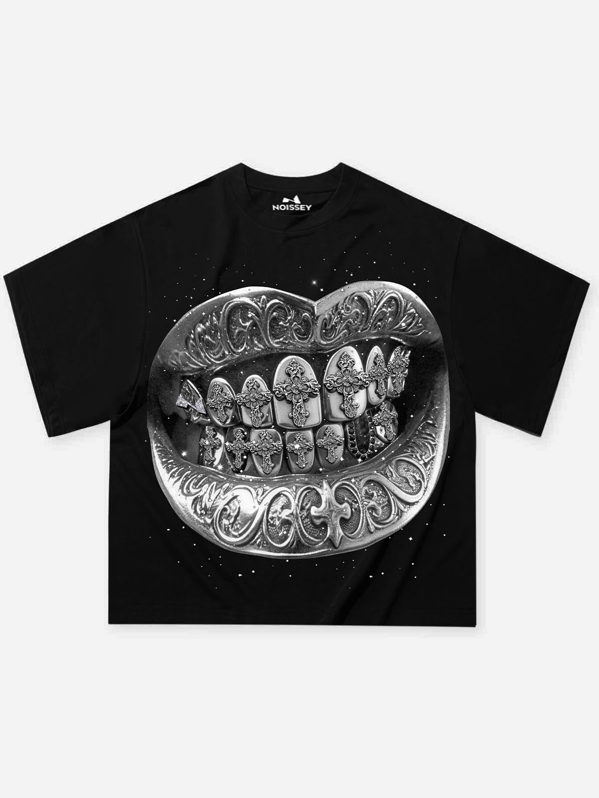 NOISSEY "Diamond Cross Grillz" Silver Cross Graphic Art Heavyweight T-Shirt