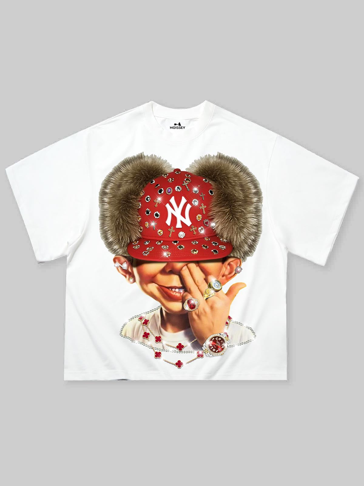 "Bad Boy" & Red Diamond Beanie Print Boxy oversized T-shirt