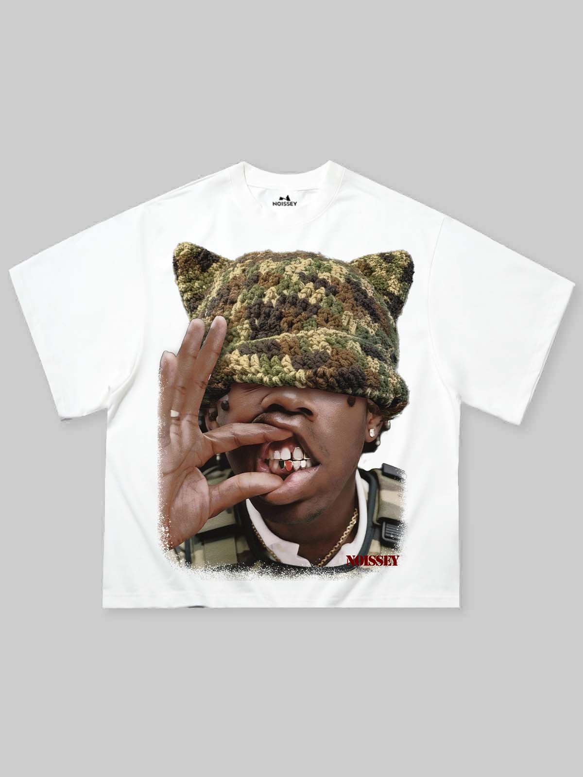Camouflage Cat-Ear Knitted Hat Character Print Boxy Oversized T-shirt