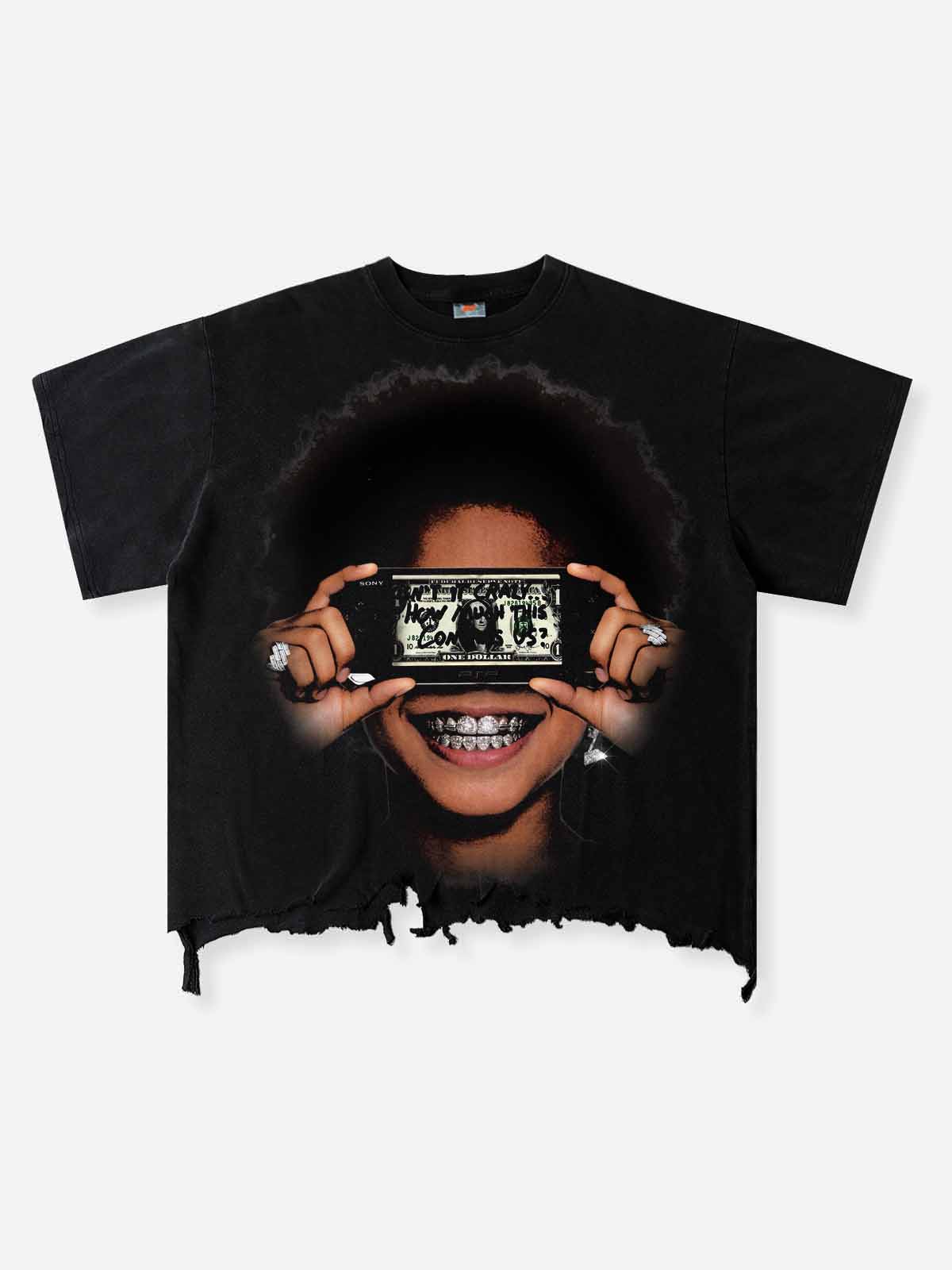 NOISSEY "PSP Dollar Grillz" Distressed Boxy Tee - Vintage Black