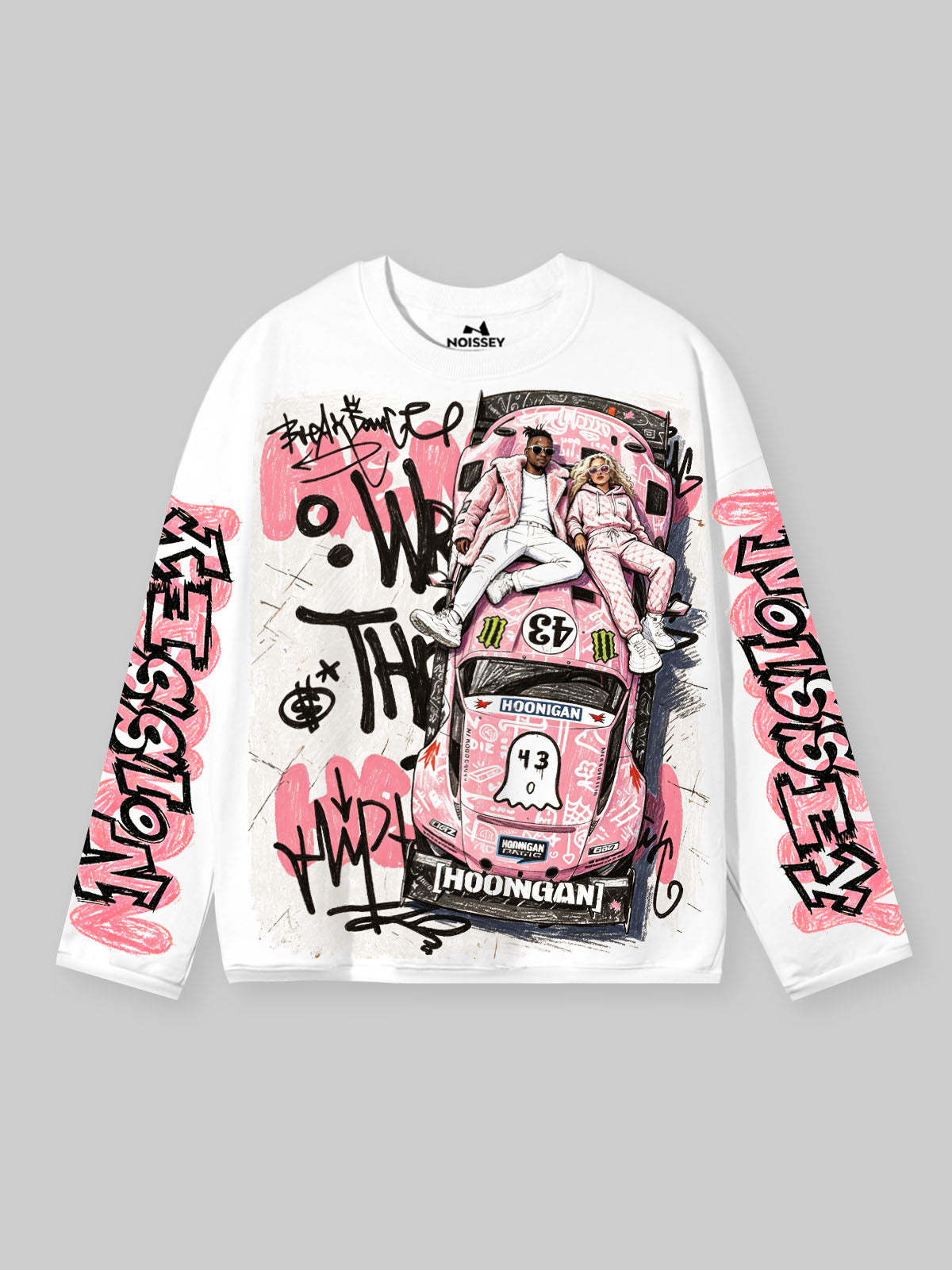 NOISSEY "Pink Hoonigan Graffiti" Coupe Tee - Clean White Oversized Long Sleeve