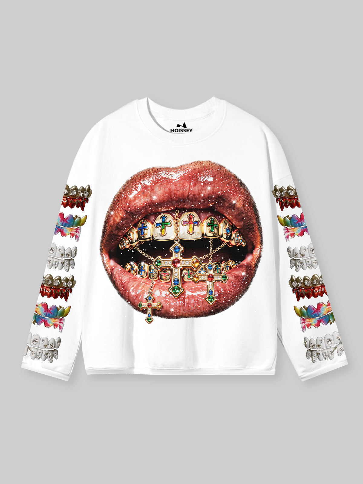 NOISSEY "Gemstone Grillz" White Sweatshirt - Rhinestone Graphic Pullover