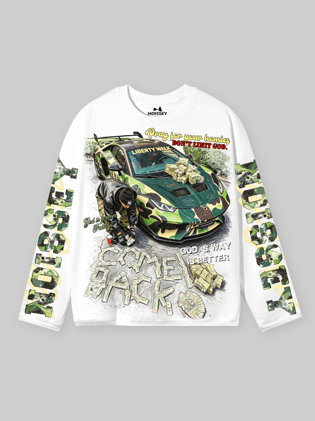 NOISSEY "Camo Supercar & Cash" Track Tee - Clean White Oversized Long Sleeve