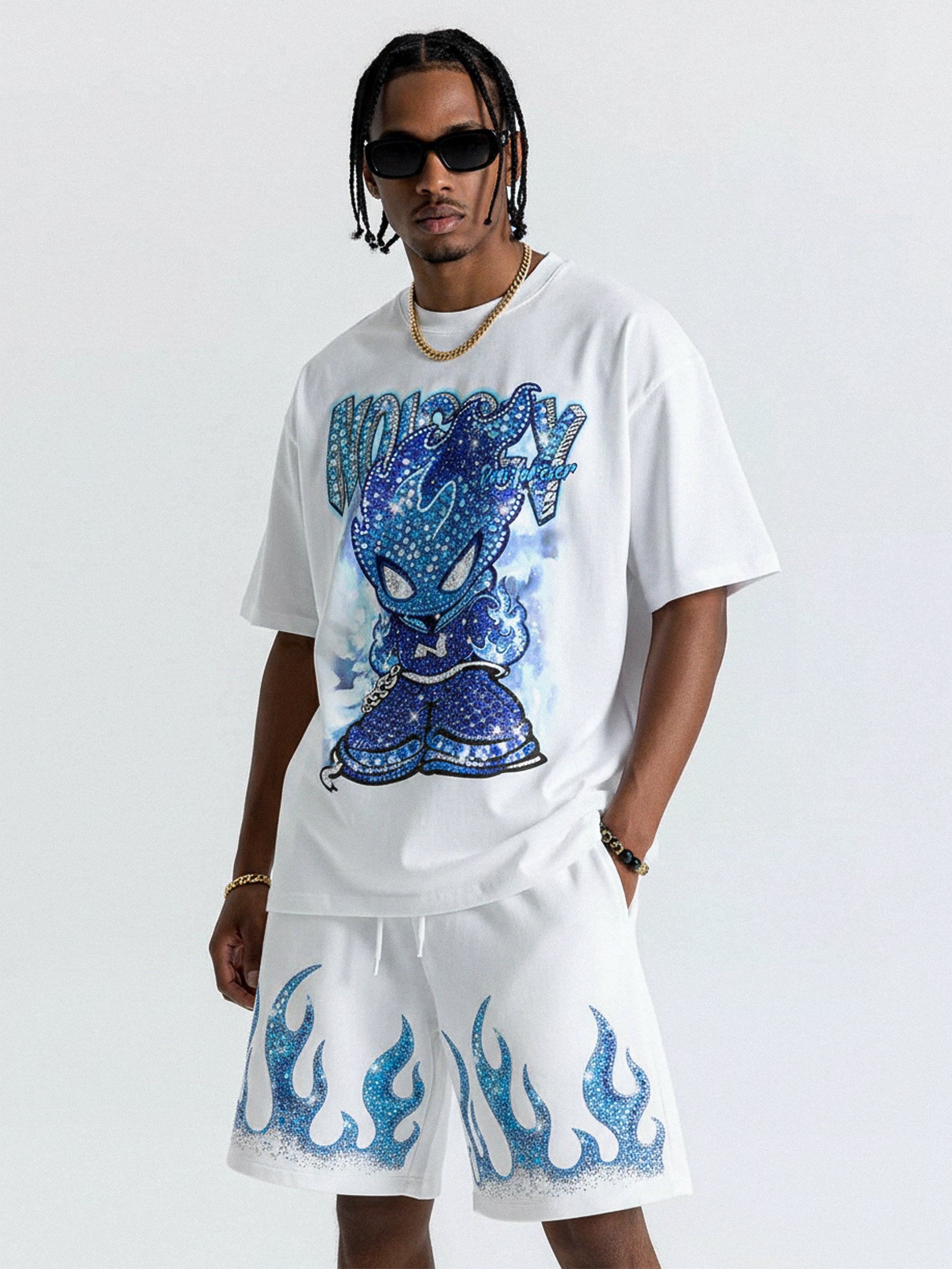 NOISSEY "ICE FLAME" Crystal Blue Artwork Relaxed Shorts - Pure White Crafted Shorts