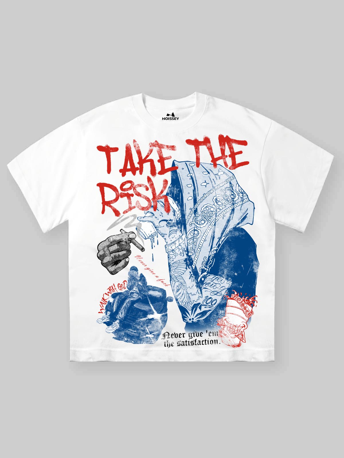 NOISSEY Take the Risk Headscarf Double-Color Graffiti Portrait Art T-Shirt