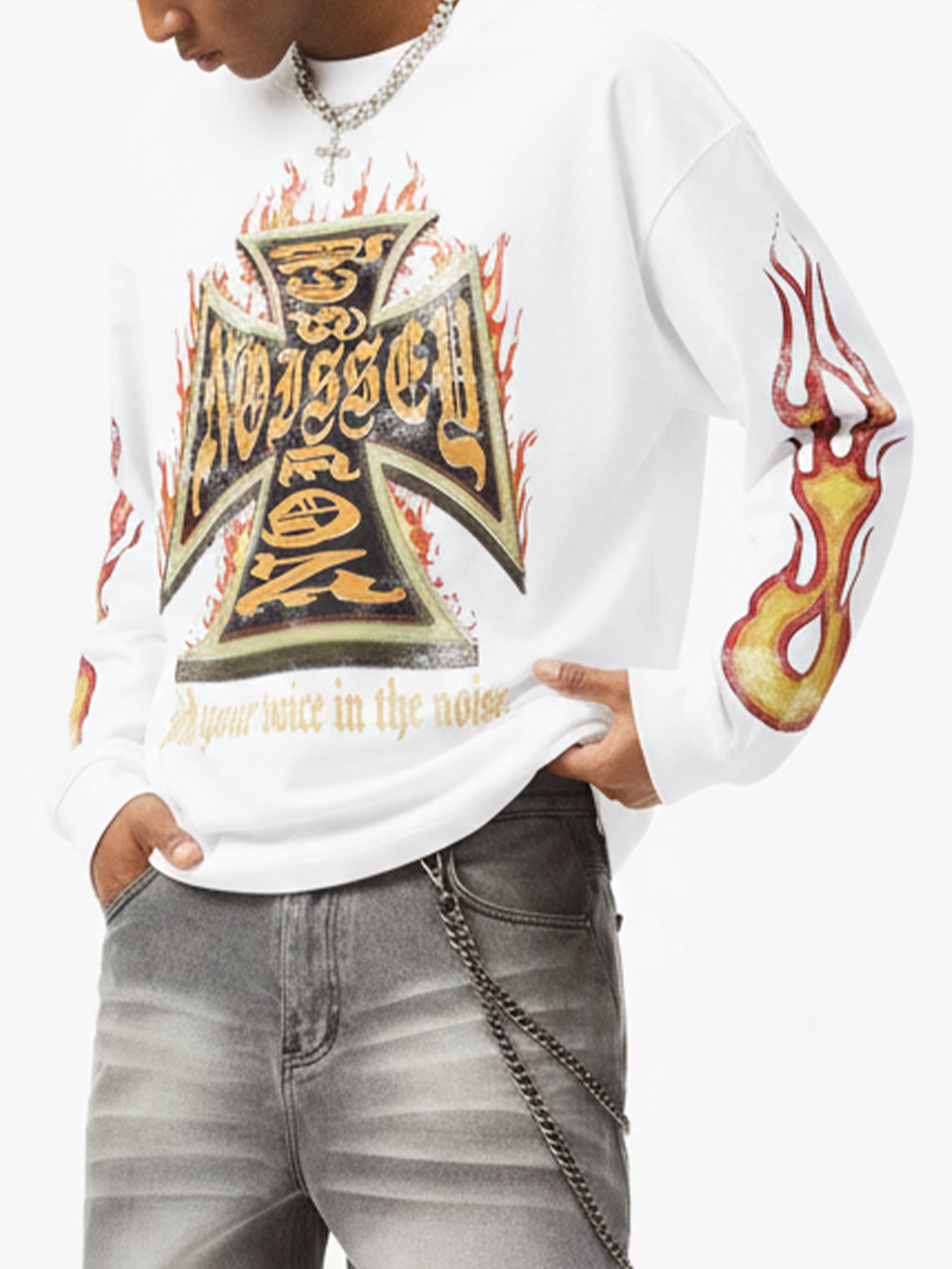 NOISSEY "INFERNO CROSS" GOTHIC FLAME ART LONG SLEEVE SWEATSHIRT