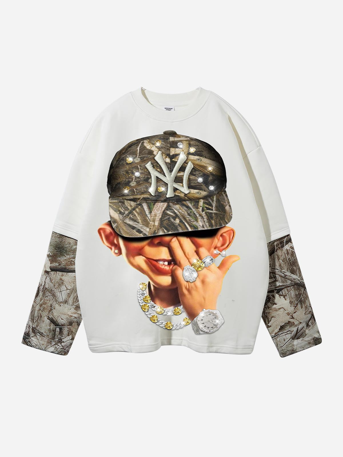 Bad boy wearing a tree-pattern diamond hat print long sleeve