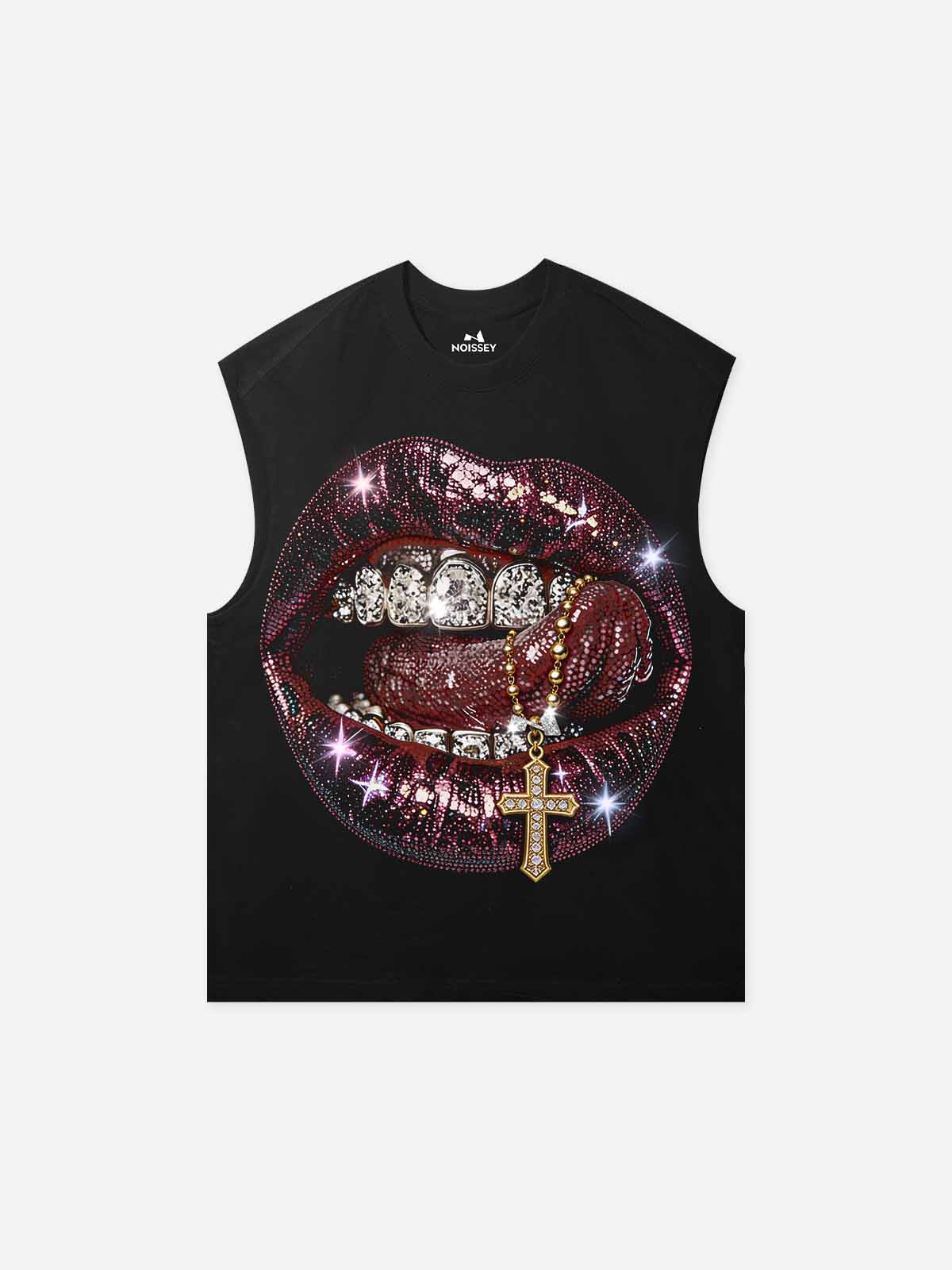 NOISSEY Rhinestone Lips Cross Graphic Art Little Oversized Tank Top - Onyx Black