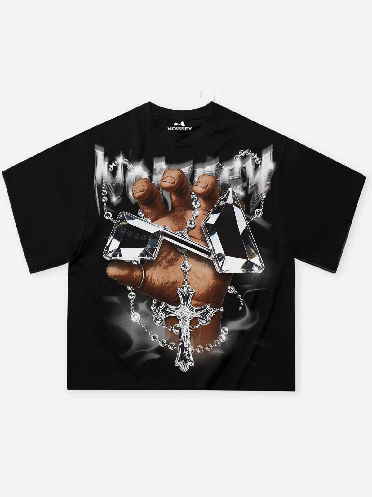 NOISSEY "Holy Drip" Crystalline Cross & Prayer Hand Boxy Heavyweight Art Tee - Onyx Black
