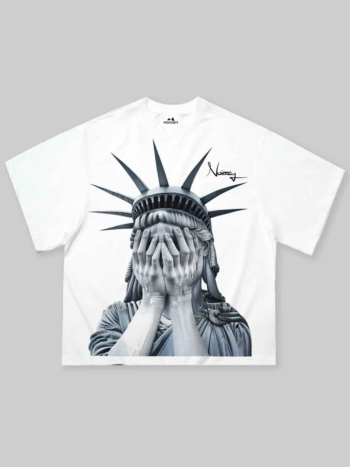 NOISSEY "Weeping Liberty" Tee - Clean White 255G Heavyweight Boxy Oversized Crying Goddess Graphic T-Shirt