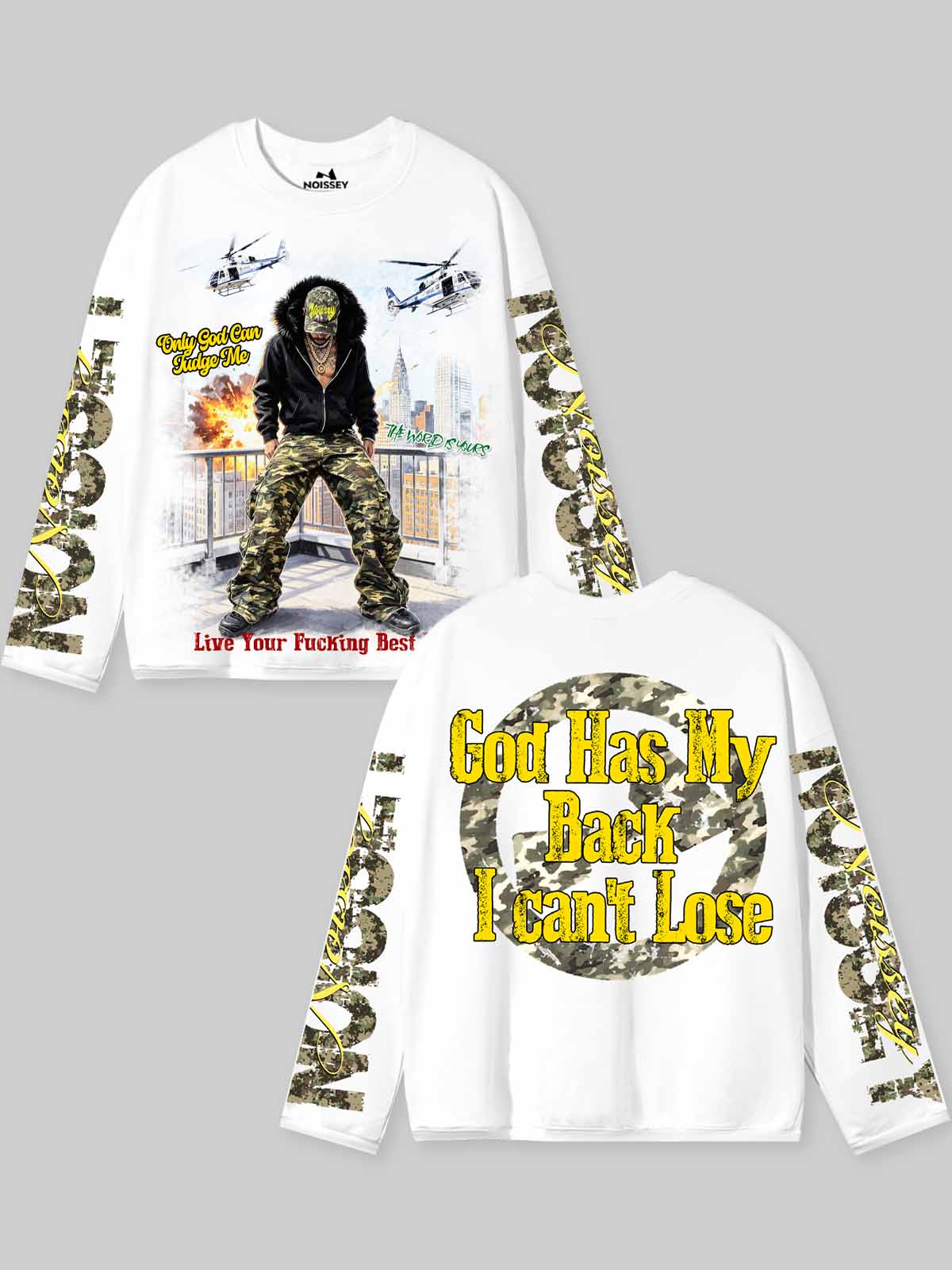 NOISSEY "God Has My Back" Camo Hip-Hop Heavy Long Sleeve Tee - White