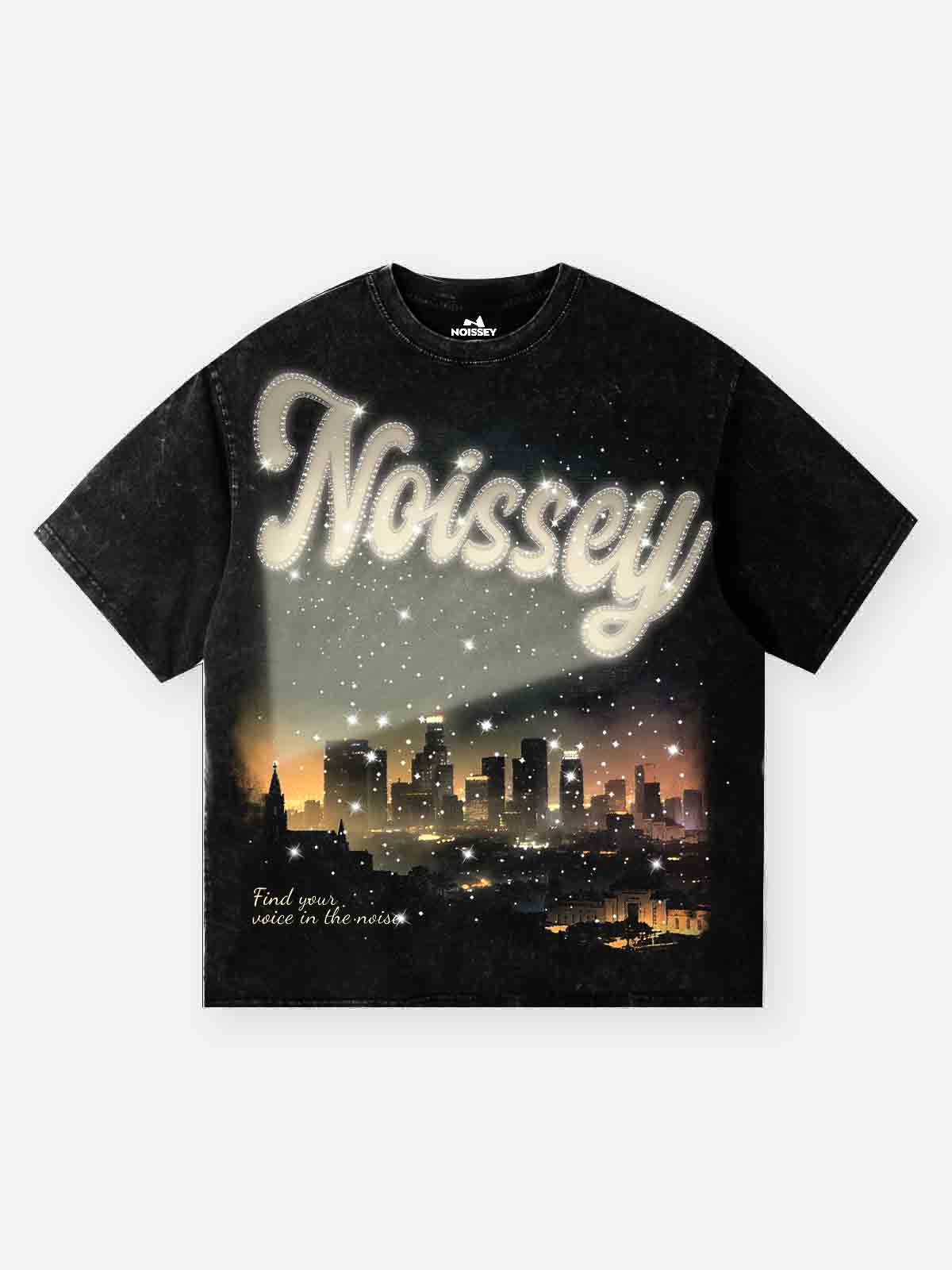 NOISSEY "City Lights" Boxy Vintage Wash Rhinestone Logo Tee - Washed Black