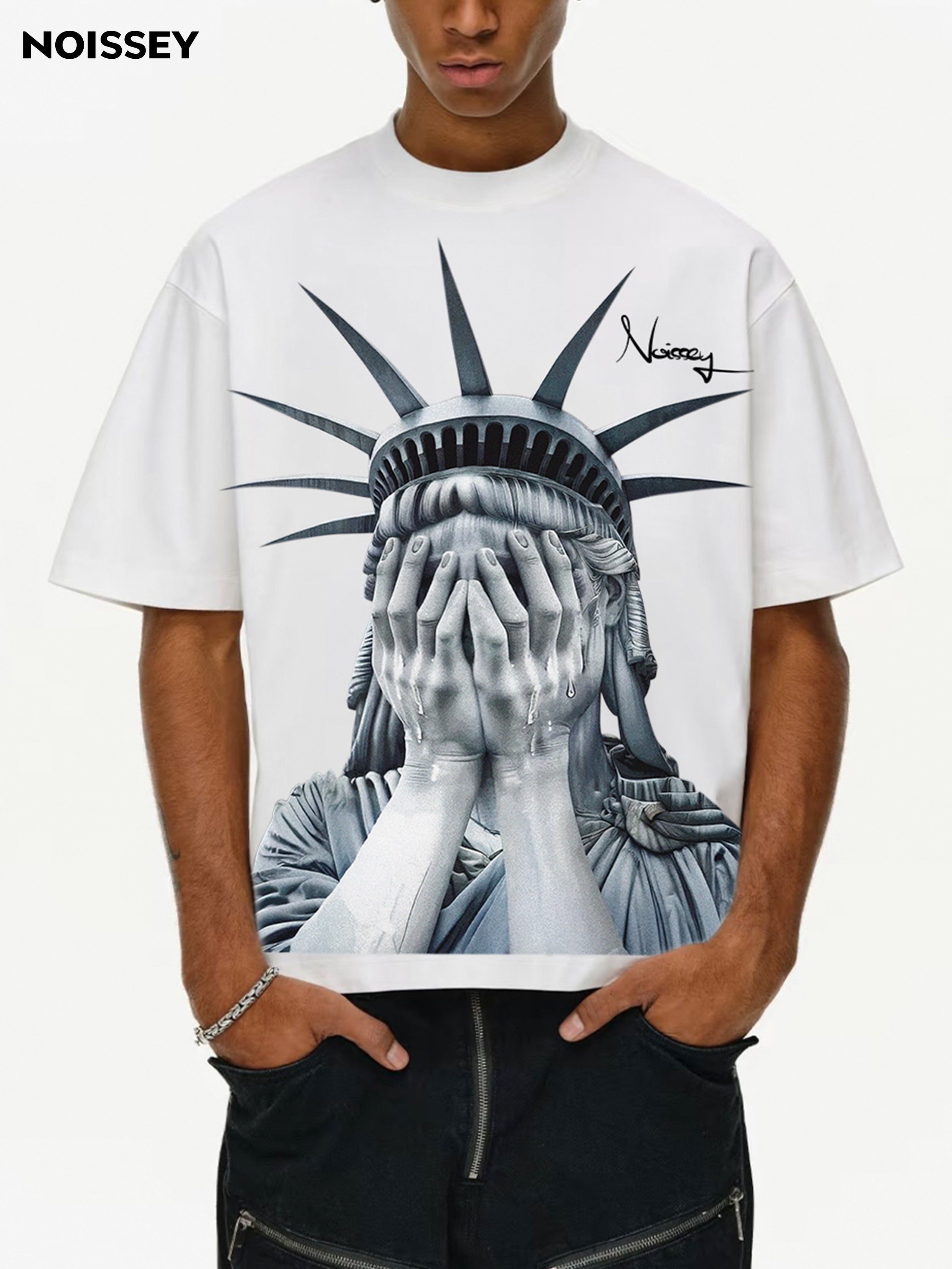 NOISSEY "Weeping Liberty" Tee - Clean White 255G Heavyweight Boxy Oversized Crying Goddess Graphic T-Shirt