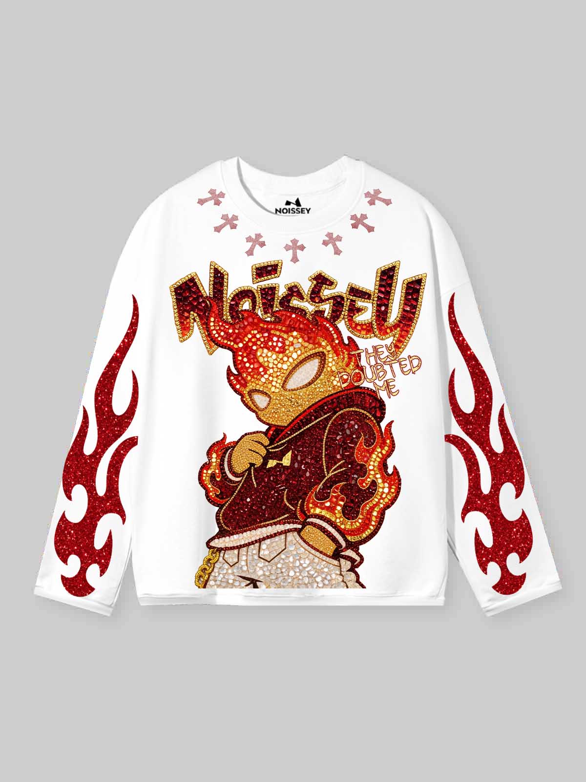 NOISSEY "They Doubted Me" Iced-Out Character Graphic Long Sleeve - Studio White