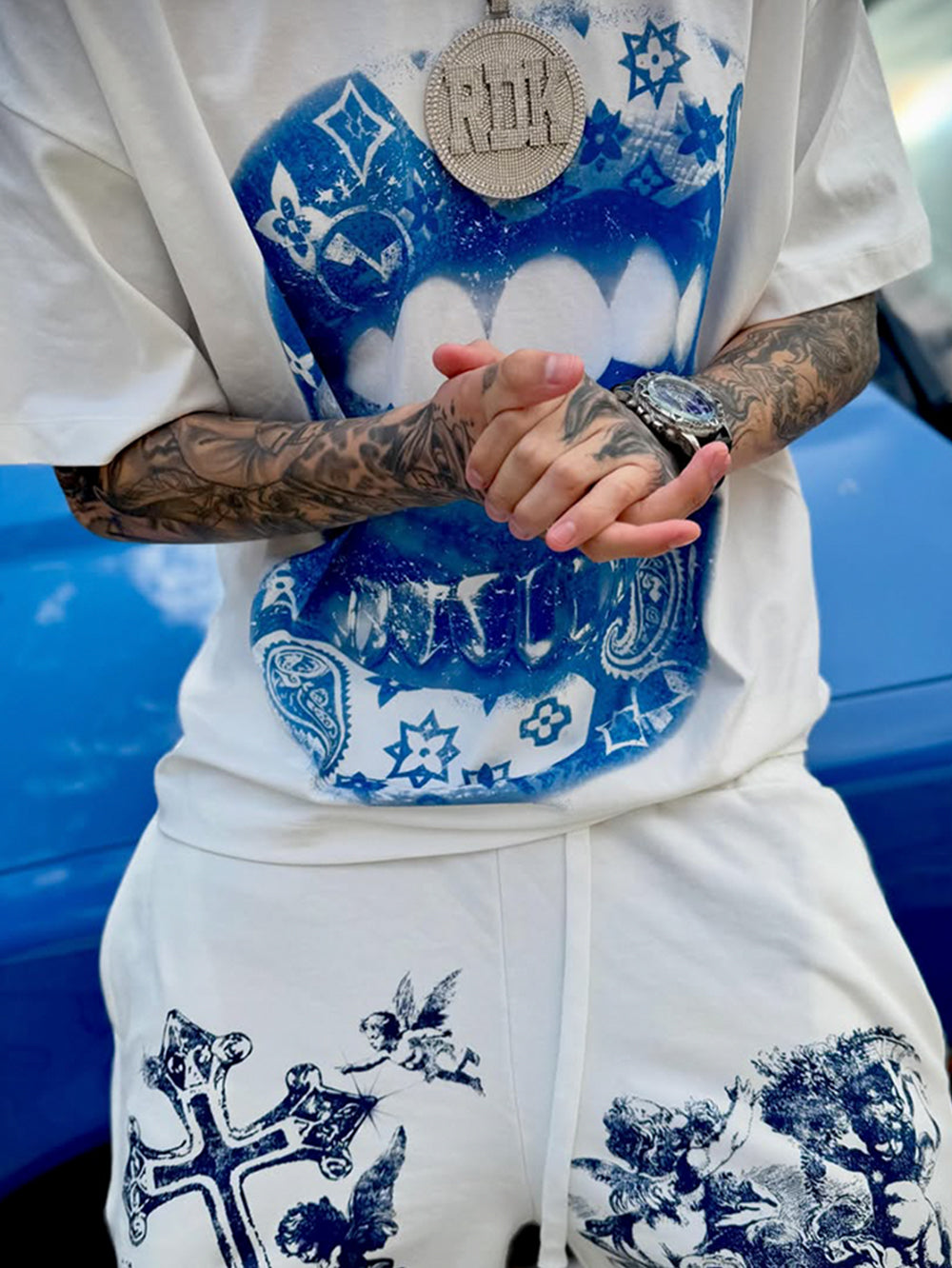 NOISSEY Blue Paisley Grillz Boxy Heavyweight Cooling Tee