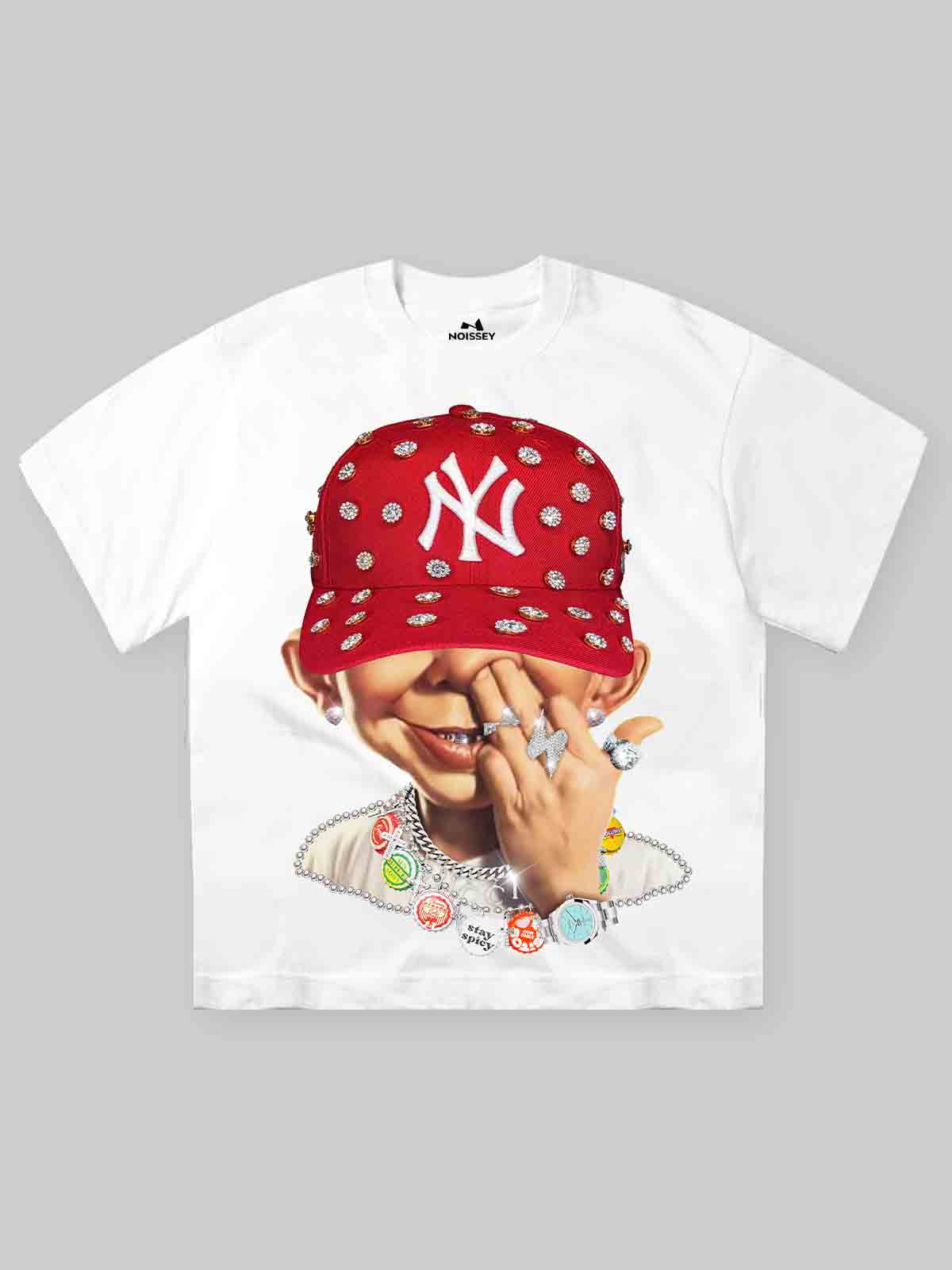 NOISSEY "Bad Boy Red Snapback" Tee - Clean White 260G Heavyweight Little Oversized Streetwear T-Shirt