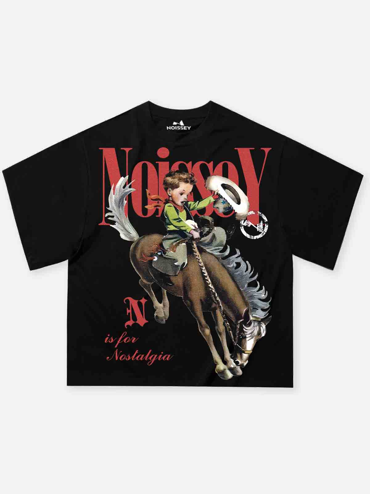NOISSEY "Cowboy Vintage" Nostalgic Illustration Tee - Black 255G Heavyweight Boxy Oversized Fit