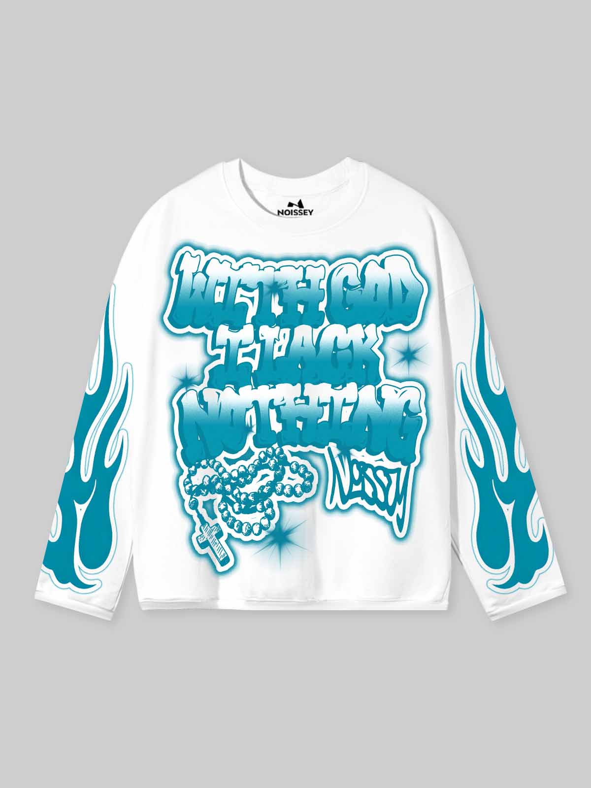 NOISSEY "With God" Blue Flame Graffiti Heavy Long Sleeve Tee - White