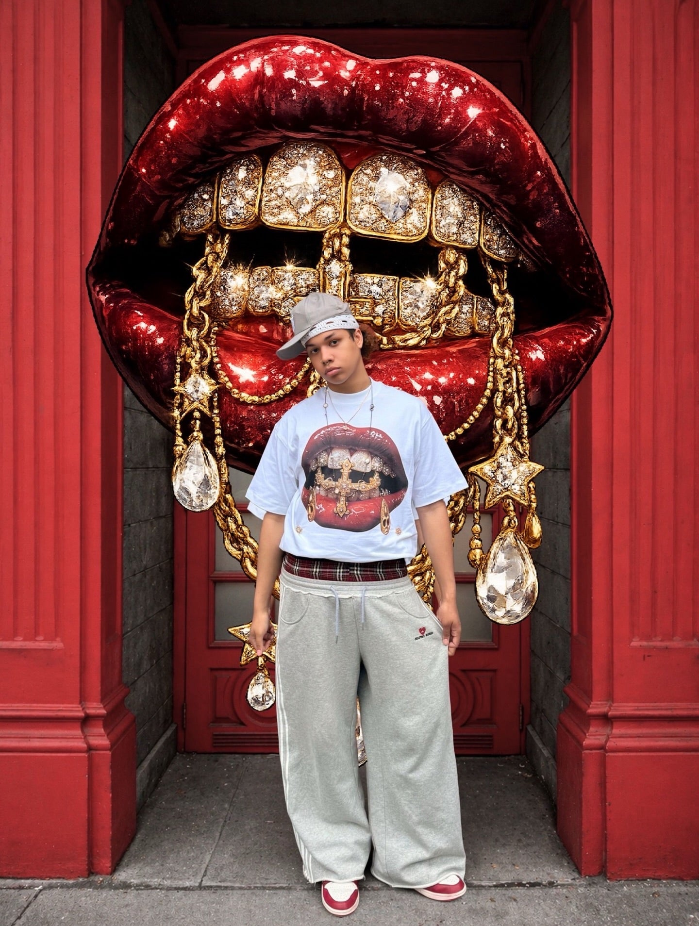 Heavyweight White T-Shirt with Surrealist Gold Cross & Mask Lip Graphic Streetwear