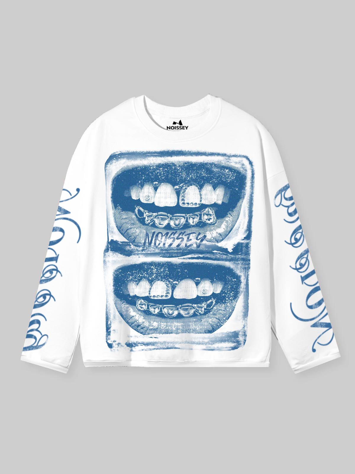 NOISSEY "Archival Grillz" Screen-Print Crewneck - Clean White 250G Heavyweight Oversized Long Sleeve