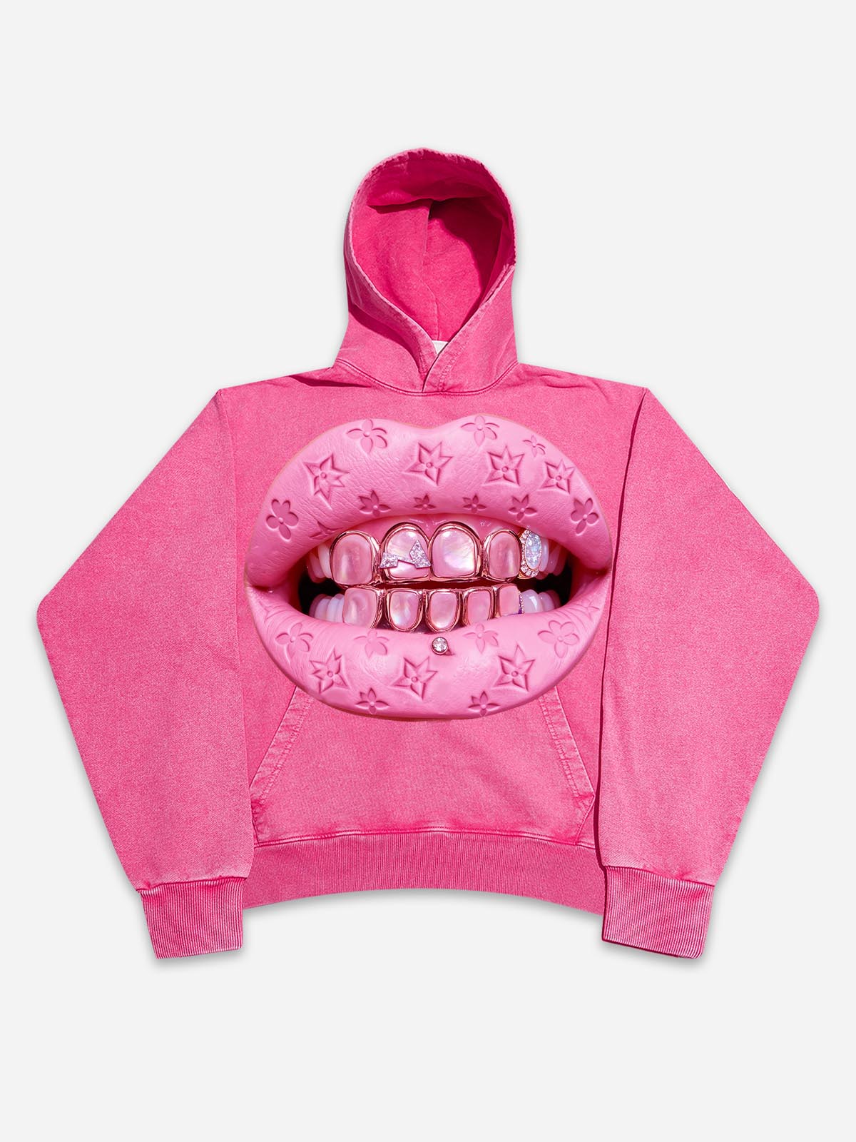 NOISSEY PINK "CAT'S EYE" ICED OUT GRILLS PREMIUM STREETWEAR HOODIE