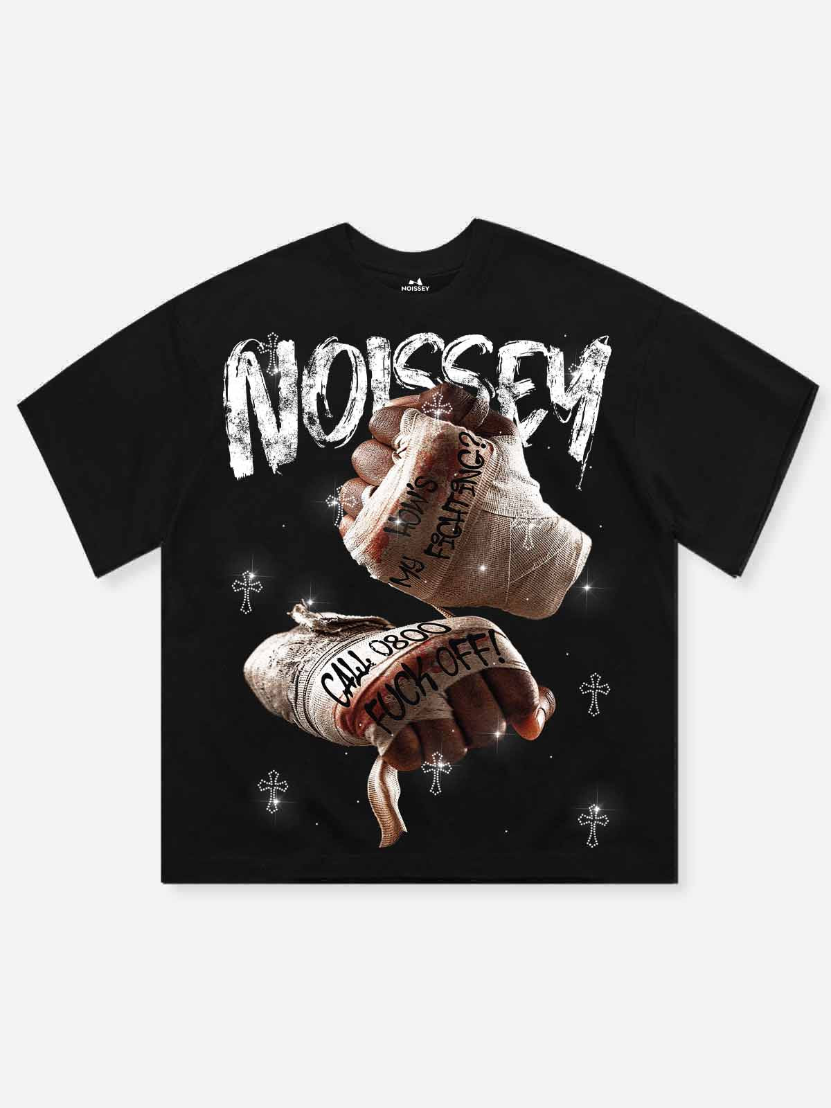 NOISSEY "How's My Fighting" Boxing Bandage Cross Graphic DIY Rhinestone T-Shirt