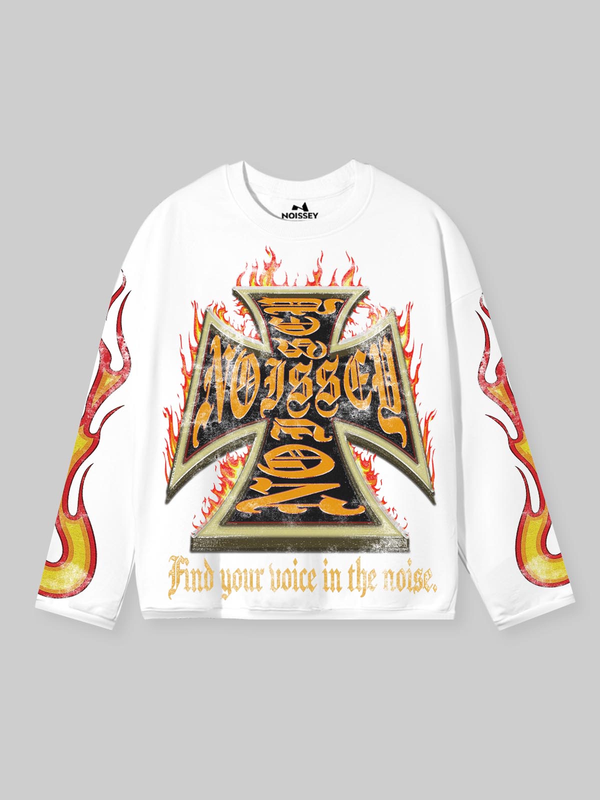 NOISSEY "INFERNO CROSS" GOTHIC FLAME ART LONG SLEEVE SWEATSHIRT