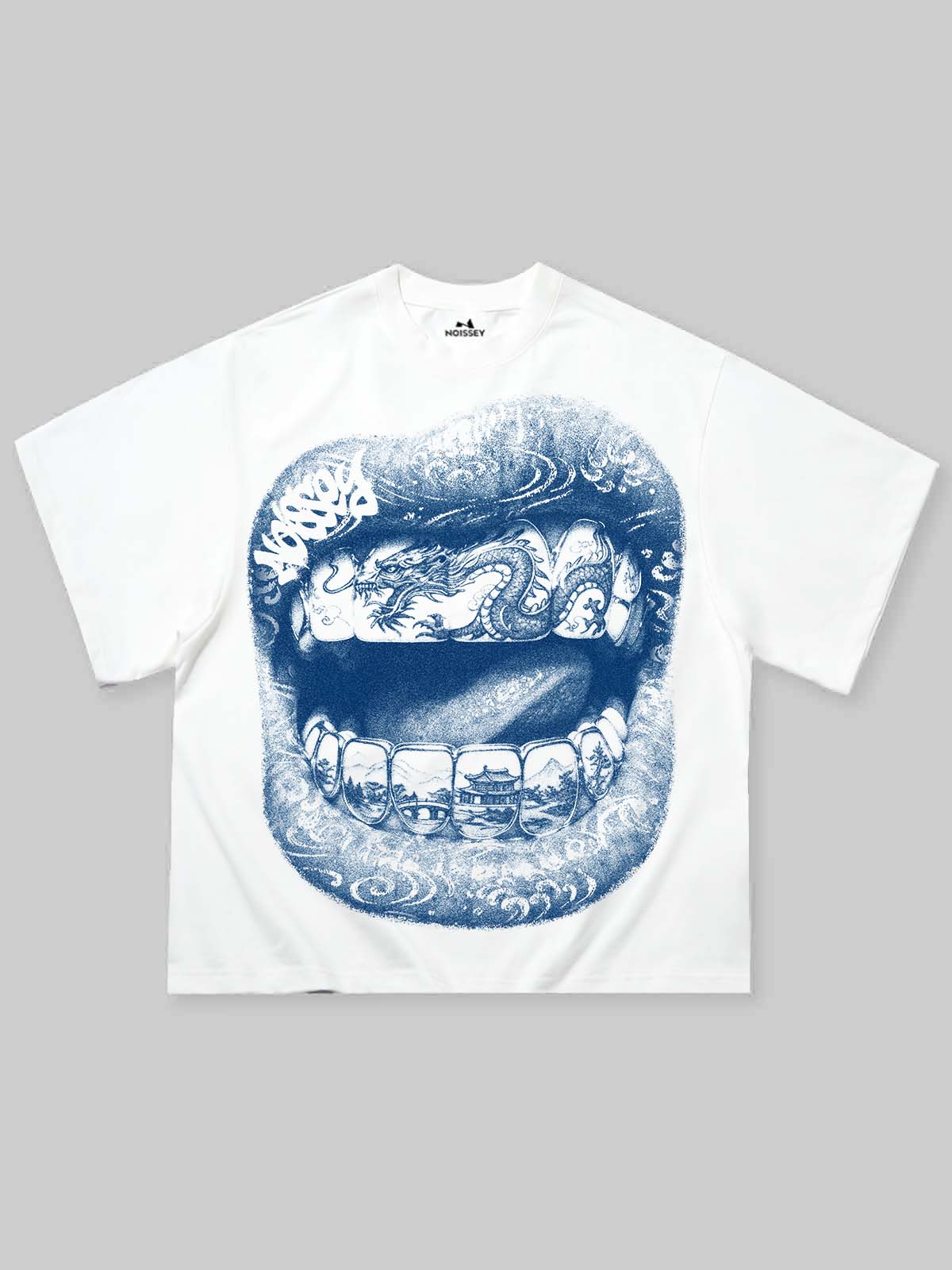 NOISSEY Dragon Grills Blue & White Porcelain Art Print T-Shirt - Porcelain White