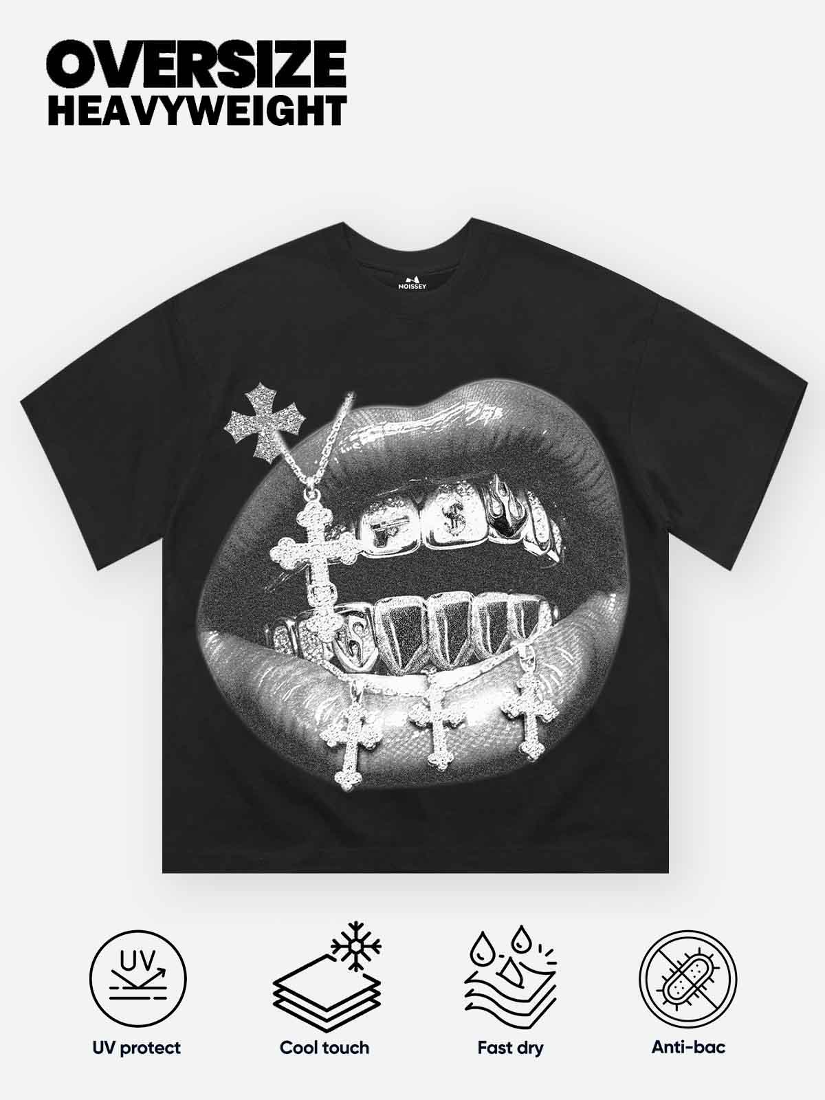 NOISSEY High quality Cross Vintage Grills Black Print 350g T-shirt