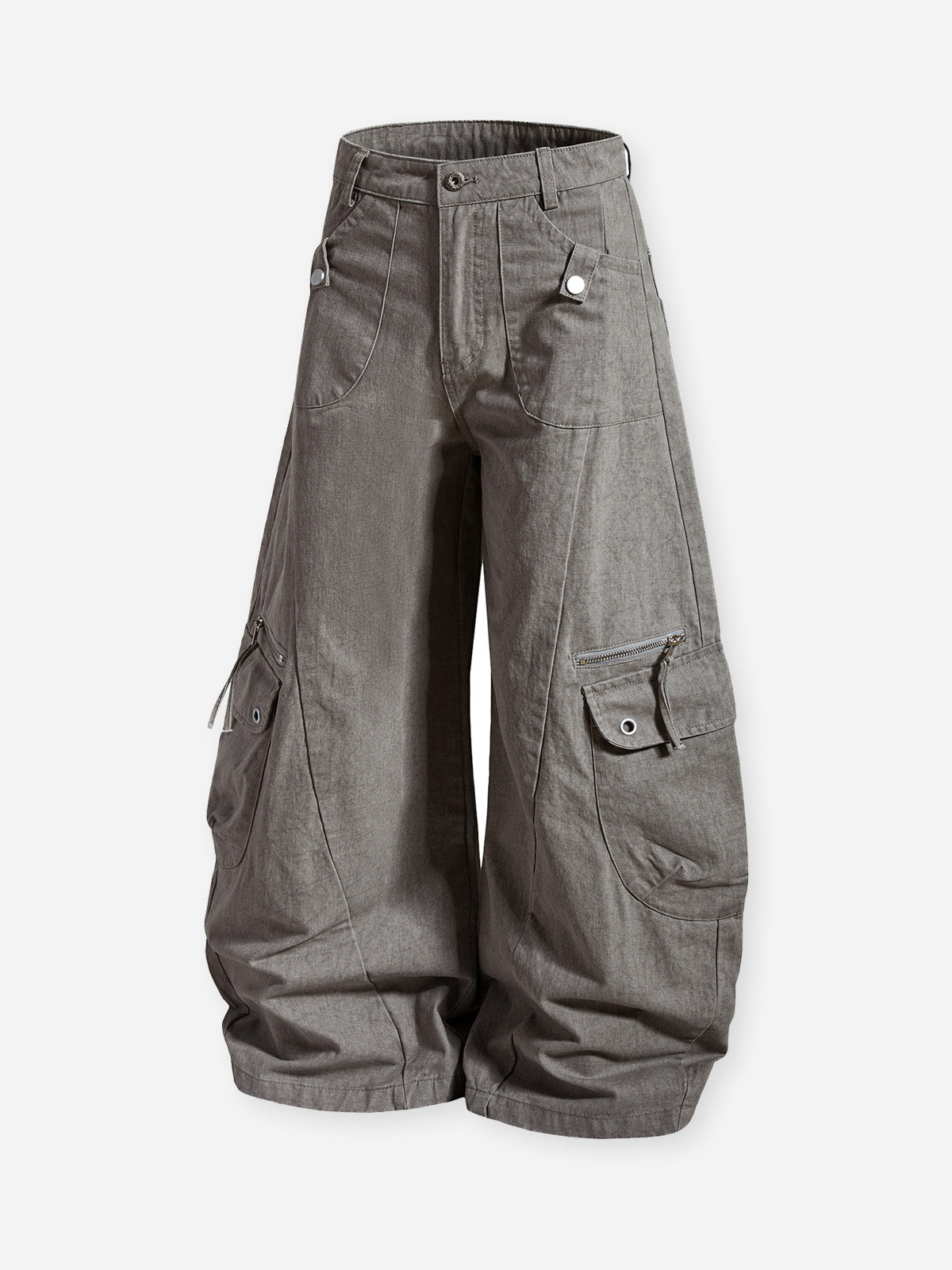 Vintage Distressed Multi-Pocket Wide-Leg Curved Pants