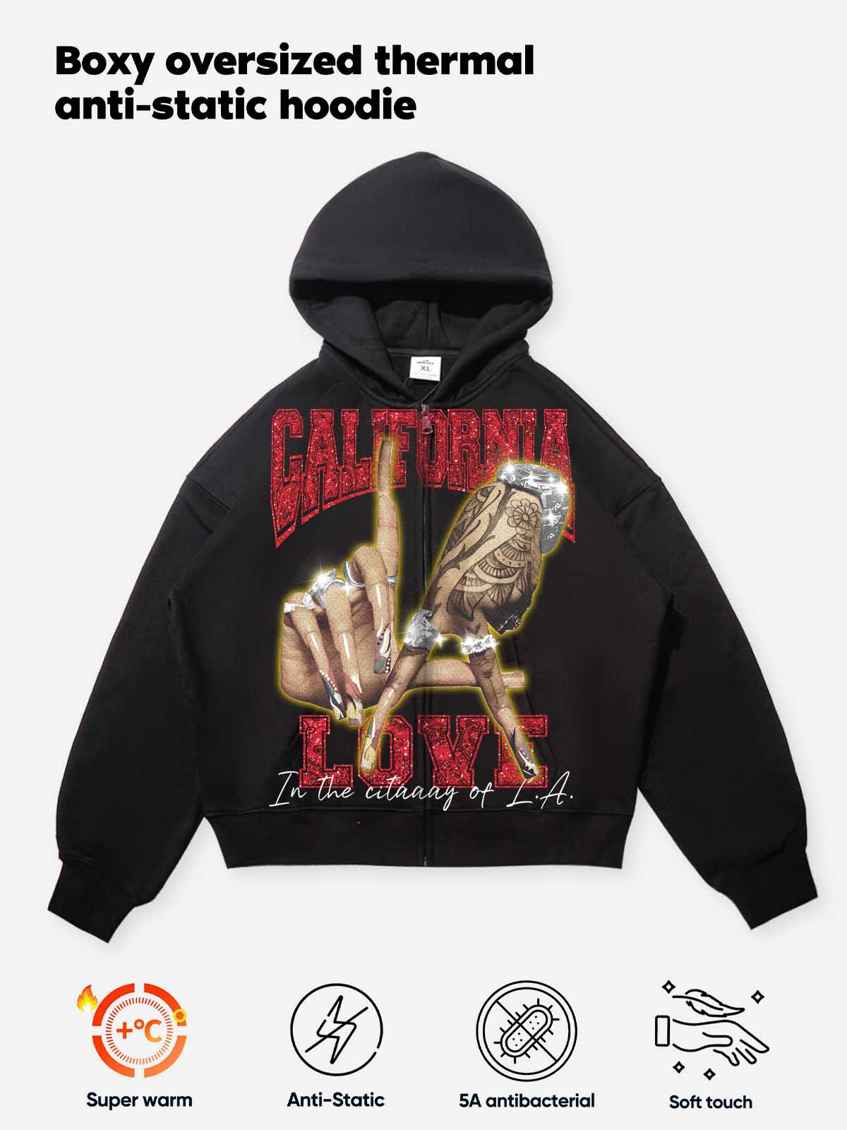 NOISSEY "California Love" Rhinestone Zip-Up Hoodie | LA Hand Sign
