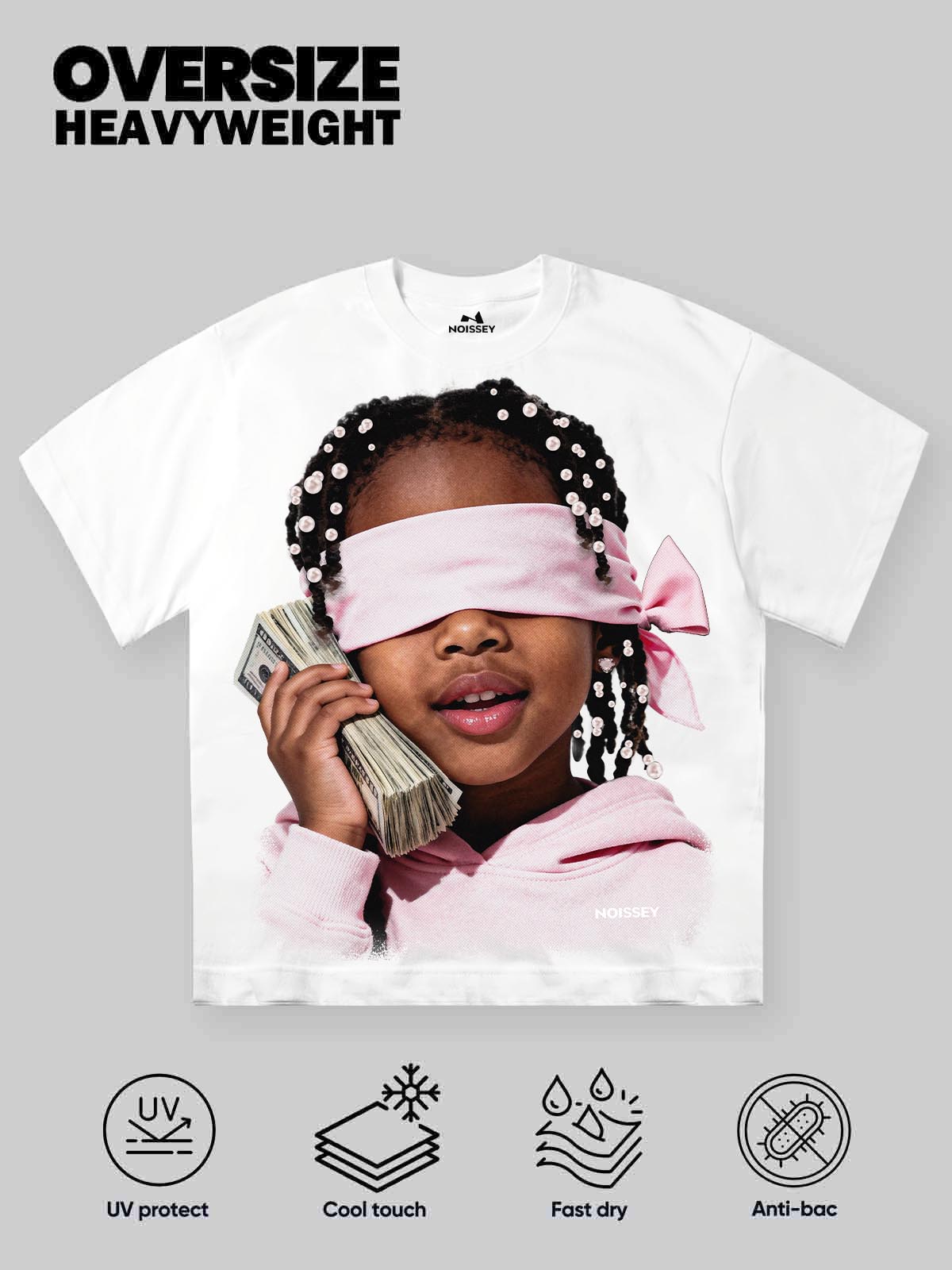 Little Girl with Pink Headscarf and Her Money Print T-shirt