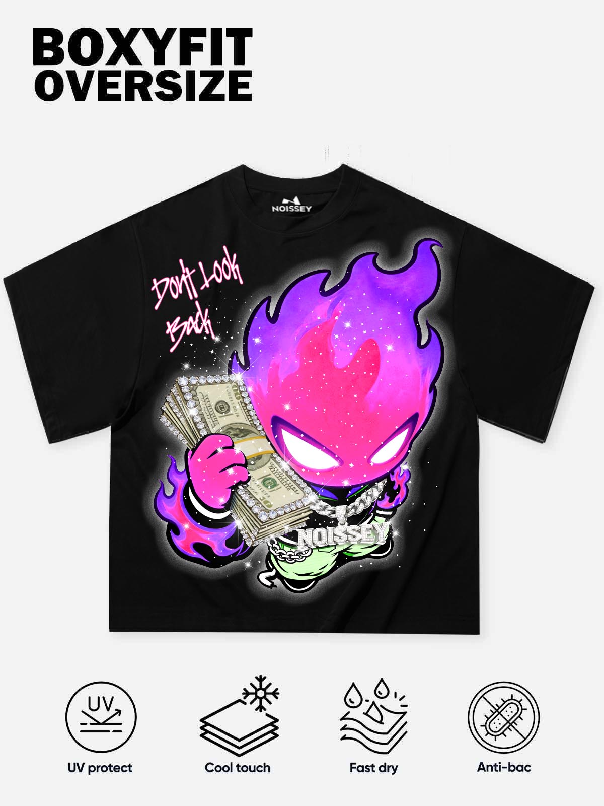 NOISSEY "Don't Look Back" Purple Fire Money Spirit Luxury Iced-Out T-Shirt - Onyx Black