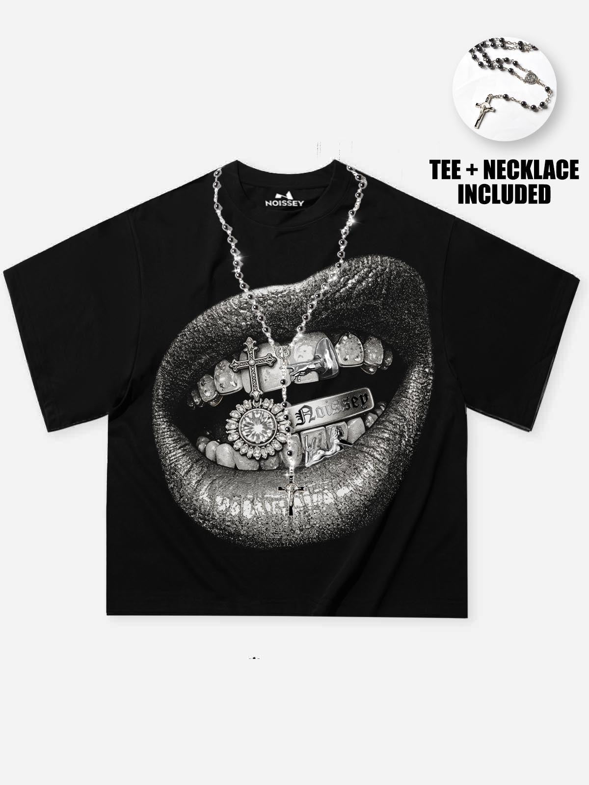 NOISSEY "Silver Grillz Lips" Black Tee - DIY Combo T-Shirt