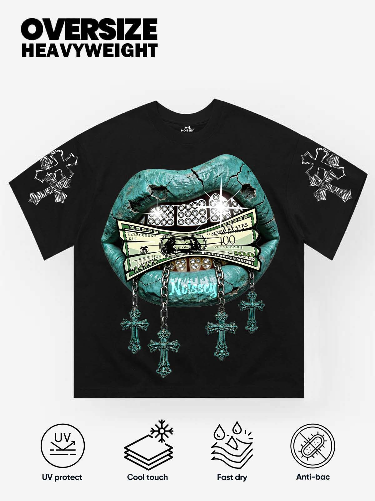 NOISSEY BRONZE GUARDIAN - CHAIN ICED OUT FANGS CROSS T-SHIRT