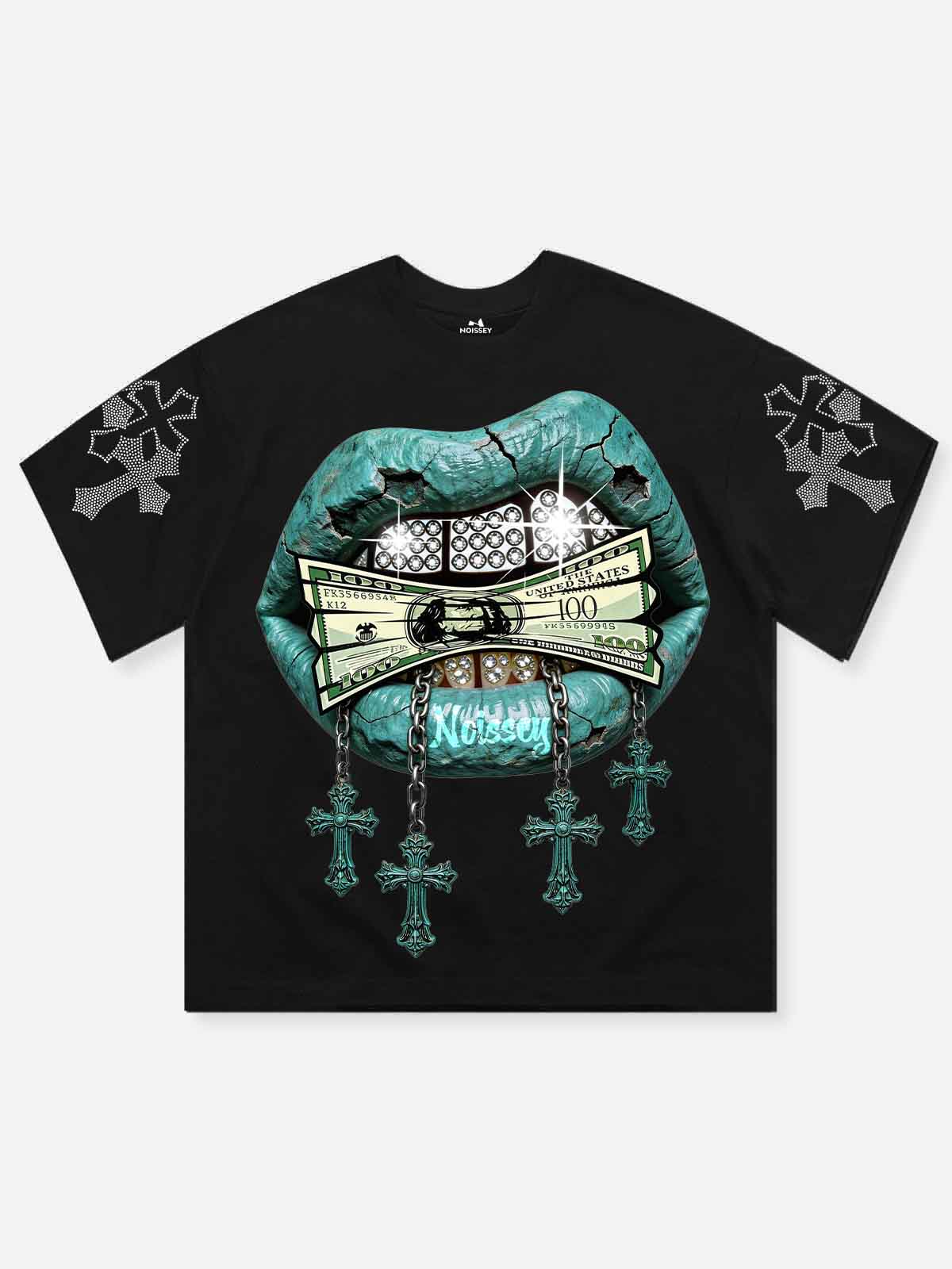 NOISSEY BRONZE GUARDIAN - CHAIN ICED OUT FANGS CROSS T-SHIRT