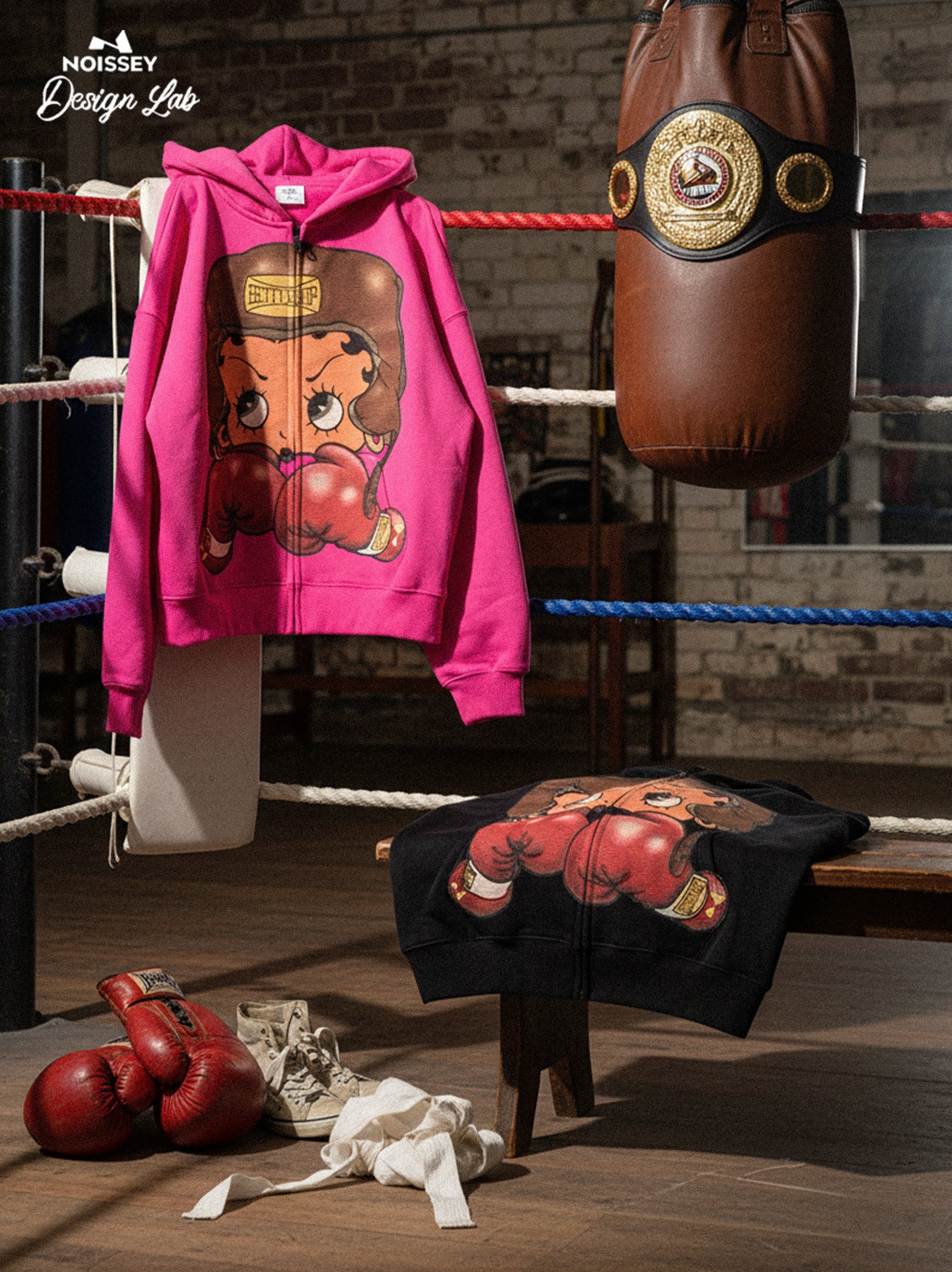 Vintage Betty Boop Boxing Graphic Hoodie - Y2K Aesthetic Boxy Zip-Up