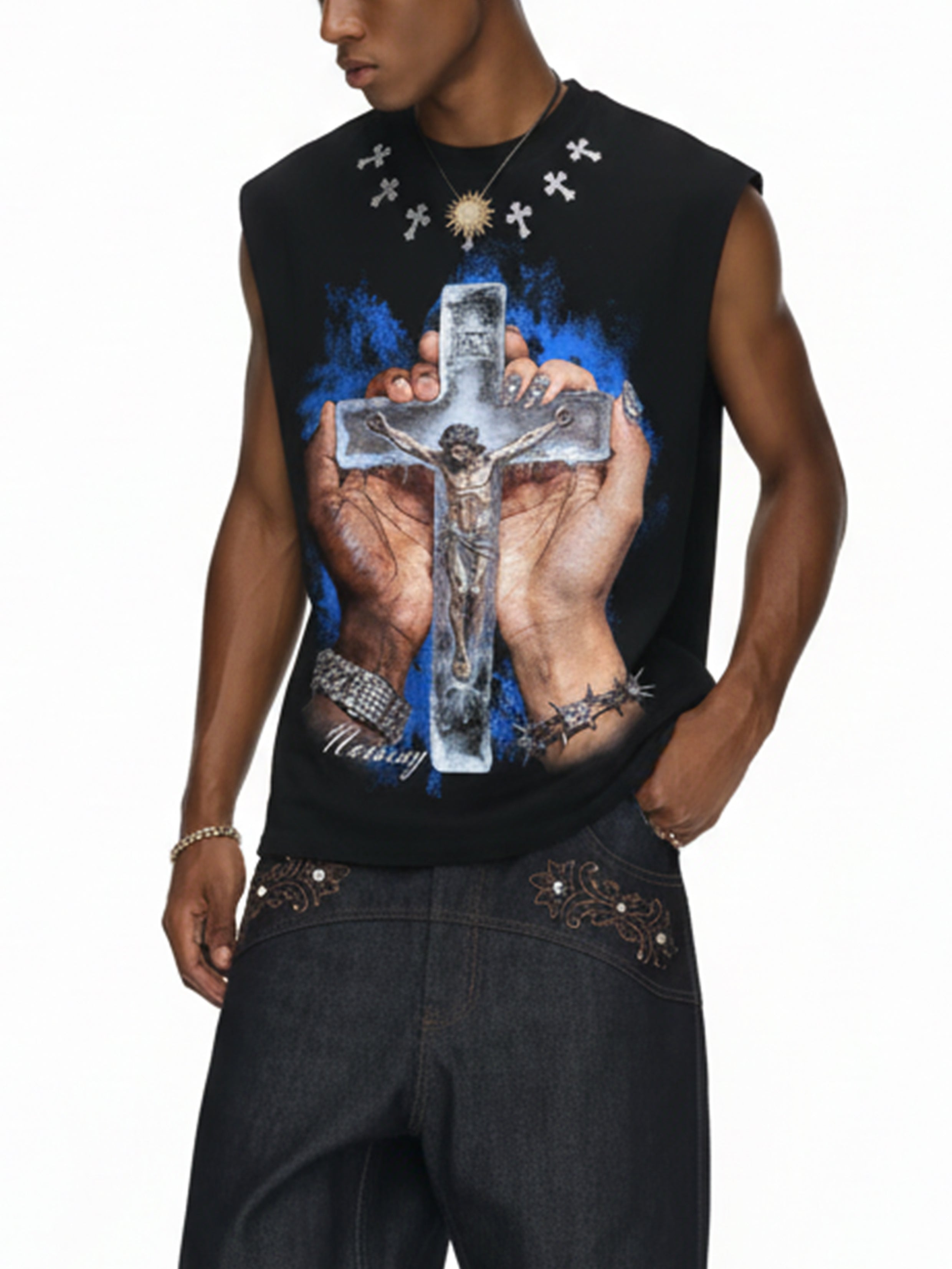 NOISSEY "FROZEN FAITH" ICED JESUS CRUCIFIX GRAPHIC TANK TOP