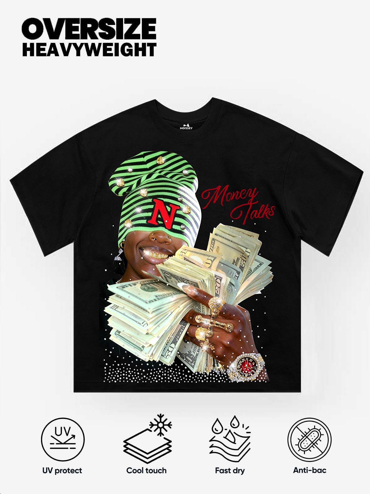 NOISSEY "Money Talks" Glitter Diamond Art T-Shirt - Black