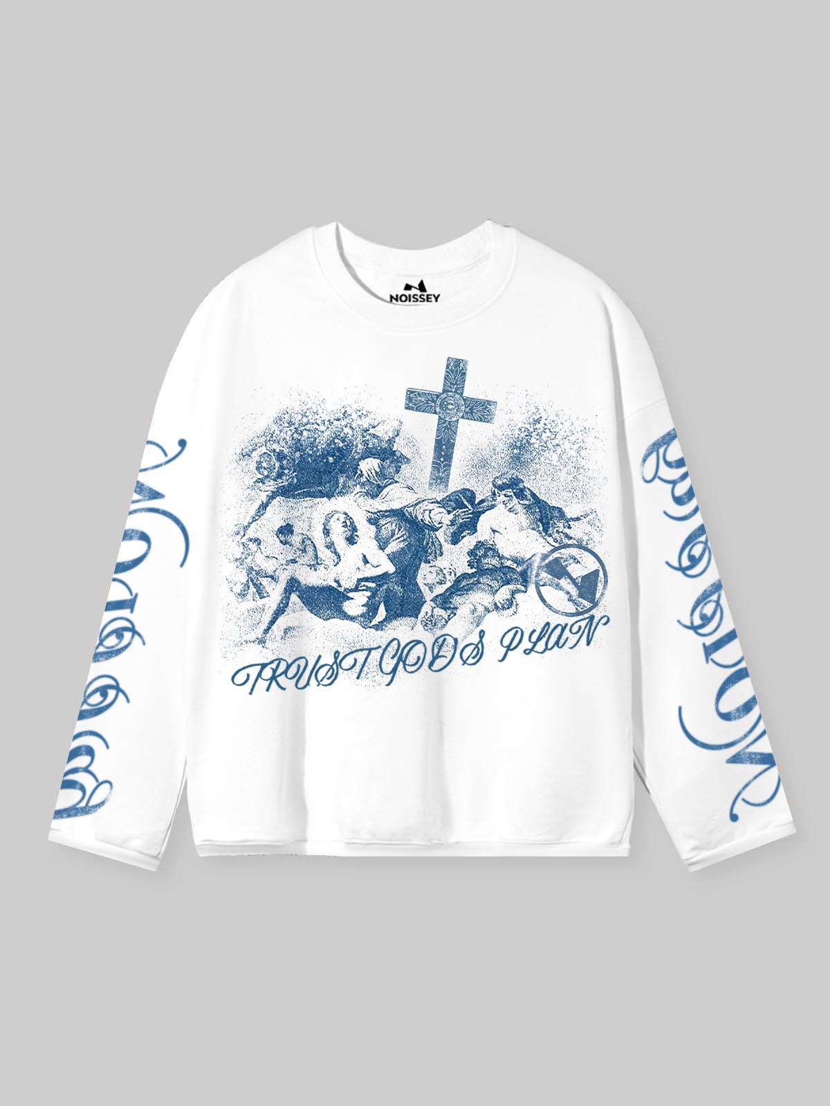 NOISSEY "Trust God's Plan" Archival Print Crewneck – Vintage Blue Oversized Long Sleeve