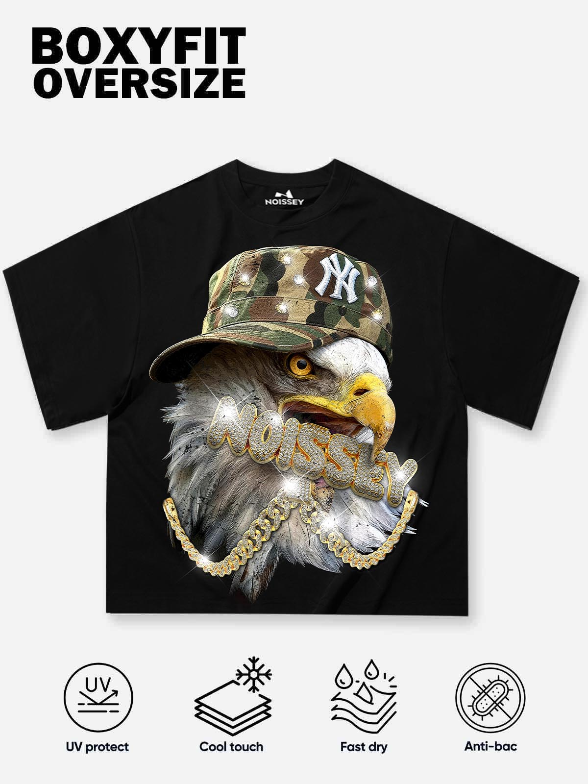 Eagle Graphic Oversized Boxy T-Shirt - Camo Cap & Bling Print Streetwear