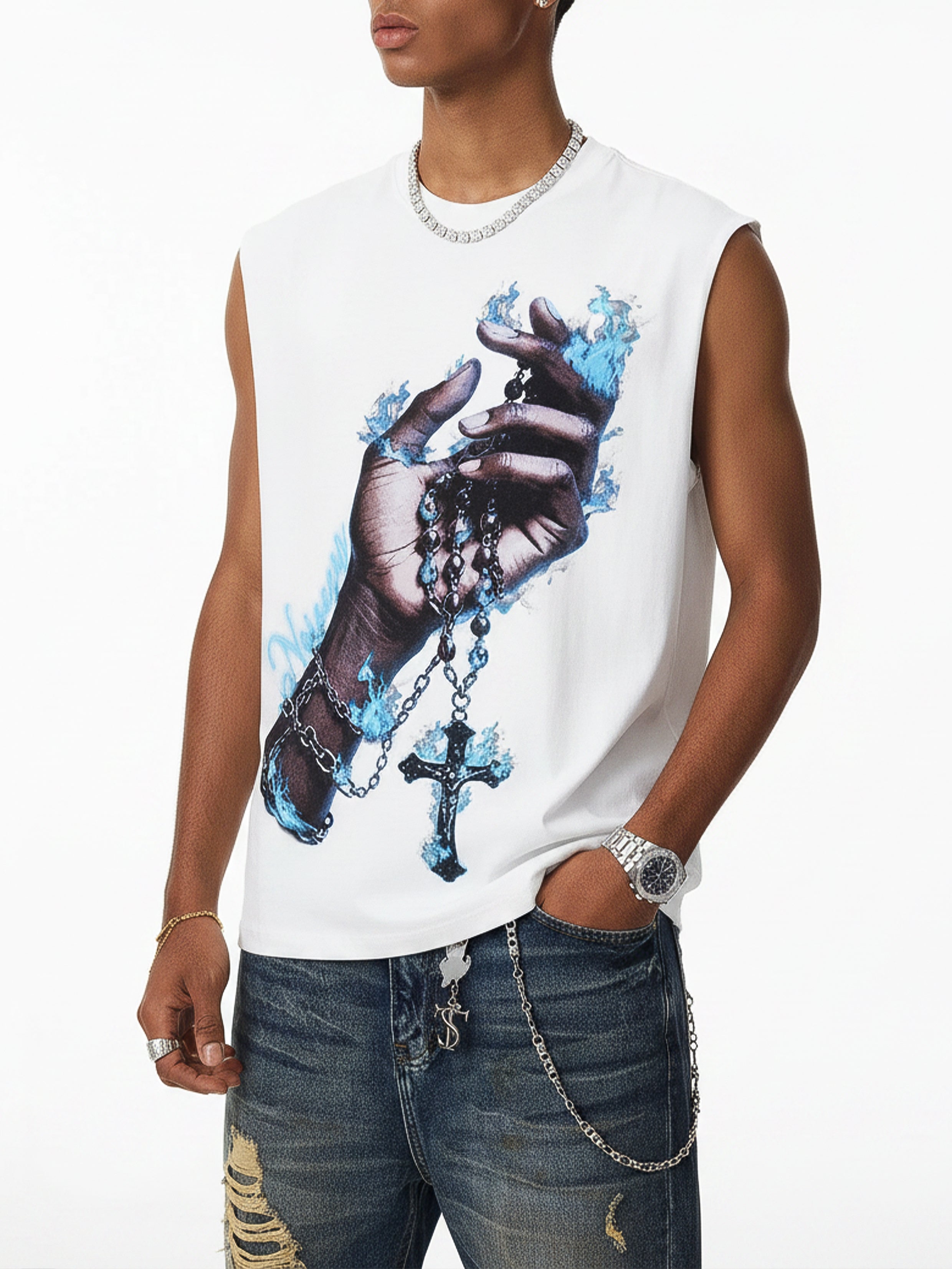 NOISSEY "Eternal Flame" Blue Fire Cross Tank - Cream White