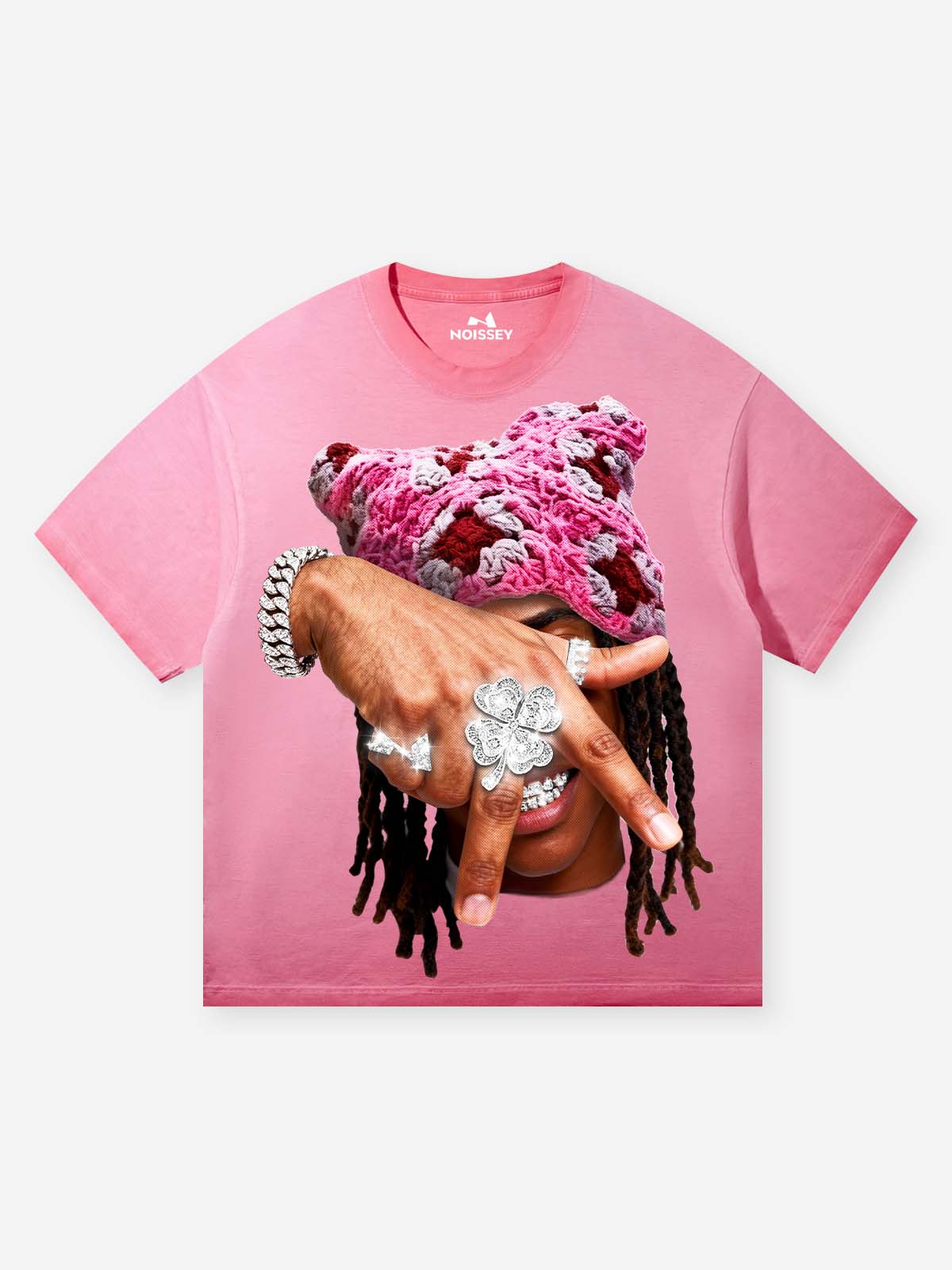 "Eternal Victory" Pink Cat-Ear Knit Hat Character Washed Print T-shirt