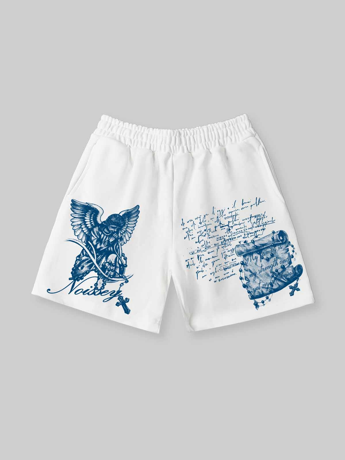 NOISSEY Praying Angel Blue Artwork Relaxed Sweat Shorts - Arctic White