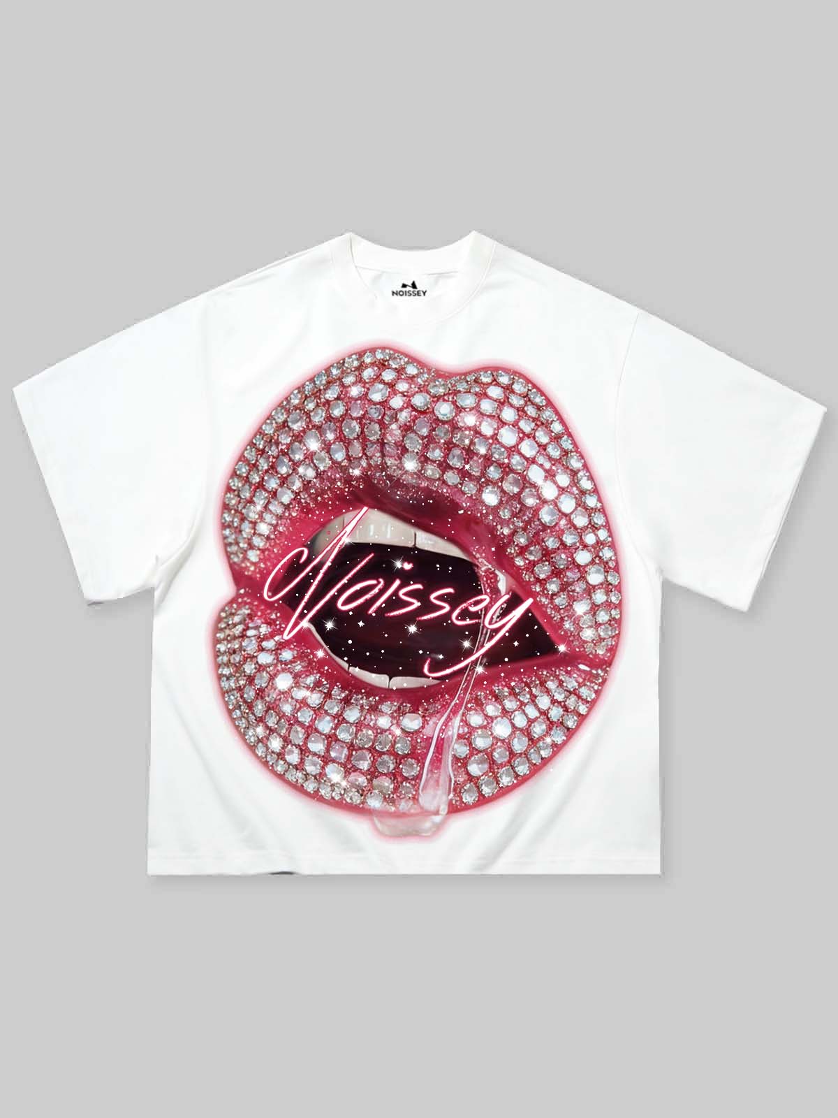 NOISSEY "Pink Paved Lips" Rhinestone Boxy DIY Tee - Premium White
