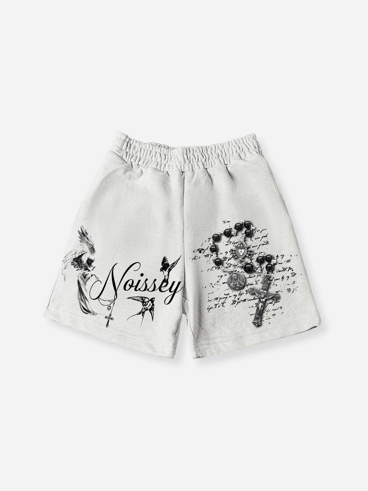 NOISSEY "Spiritual Ascent" Angel & Rosary Graphic Wide-Leg Shorts - Heather Gray