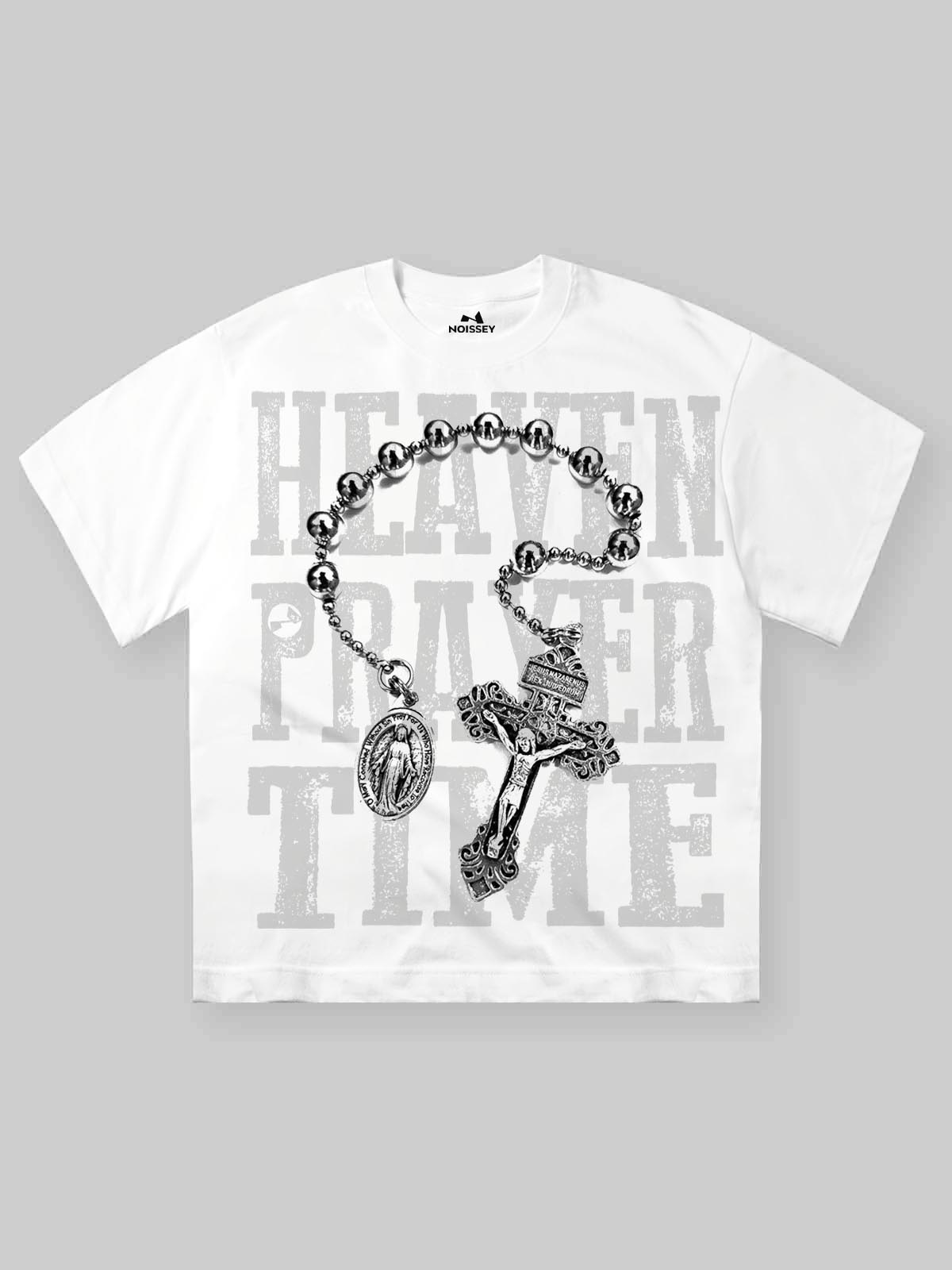 NOISSEY "Heaven Prayer Time" Rosary Graphic Little Oversize Tee - White